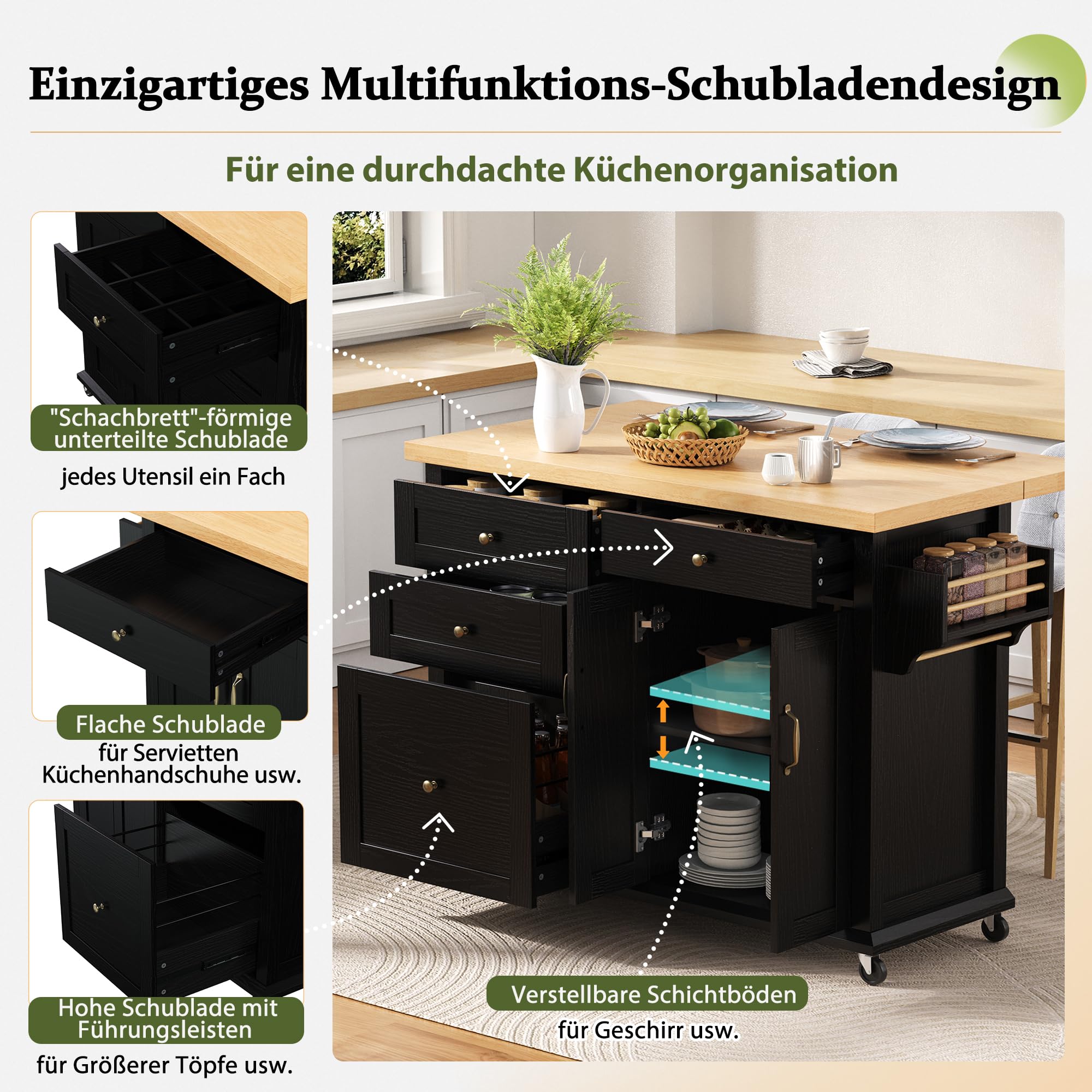 Isola da cucina mobile, carrello da cucina, tavolo da pranzo estensibile, armadio da cucina con ruote, cassetti multifunzione, per cucina, sala da pranzo, 107 x 45 x 90,5 cm (nero)