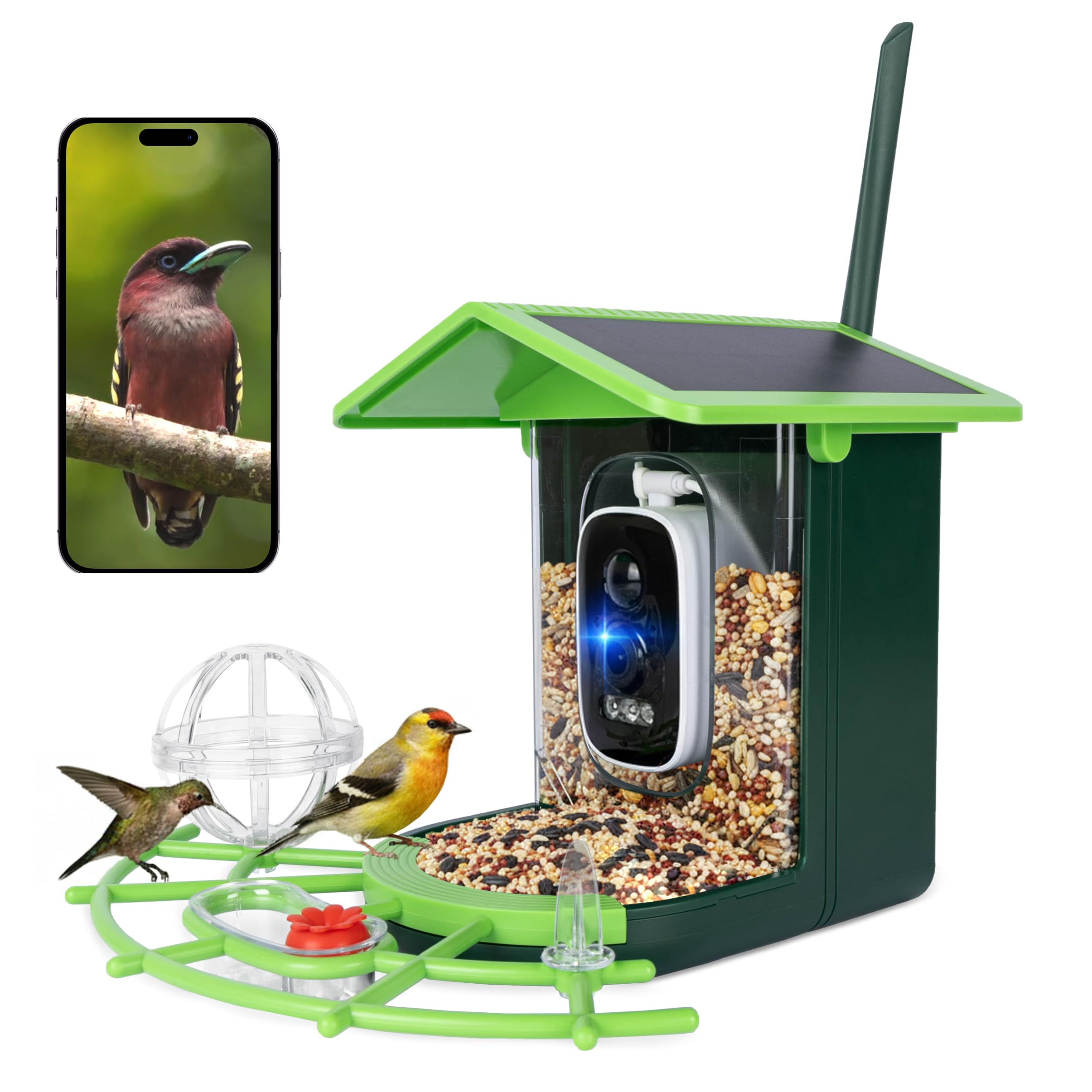 PEUZ Comedero para pájaros con cámara – 3 MP HD resolución solar y WiFi 2,4 GHz, detección de aves IA y notificación de aplicaciones, IP65 resistente a la intemperie, visión nocturna, gran angular de