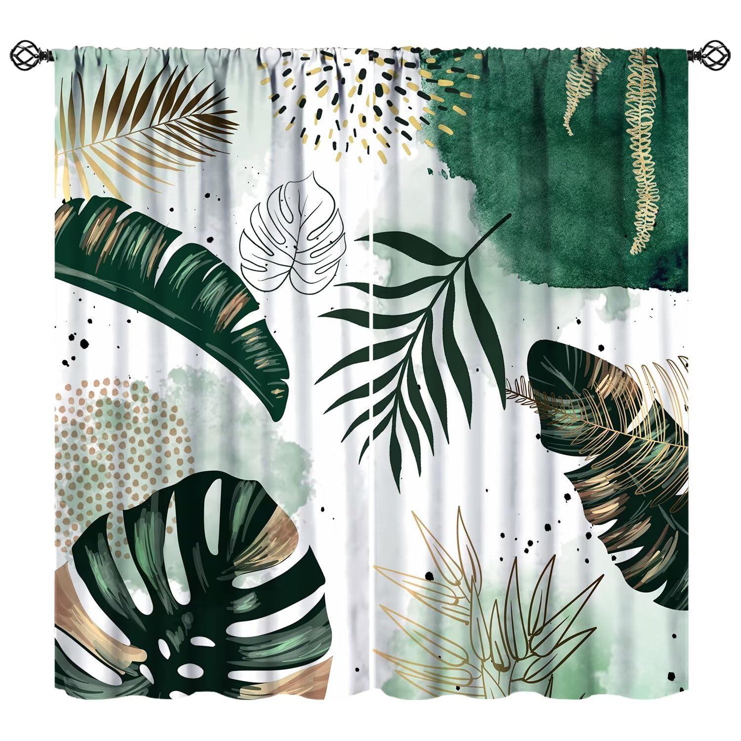 JESTRONRY Abstract Tropical Leaf Curtain, Boho Watercolor Green Leaves Modern Style Window Treatments Bedroom Living Room Curtain, Home Decor Rod Pocket Window Drapes 52x84 Inch Blackout