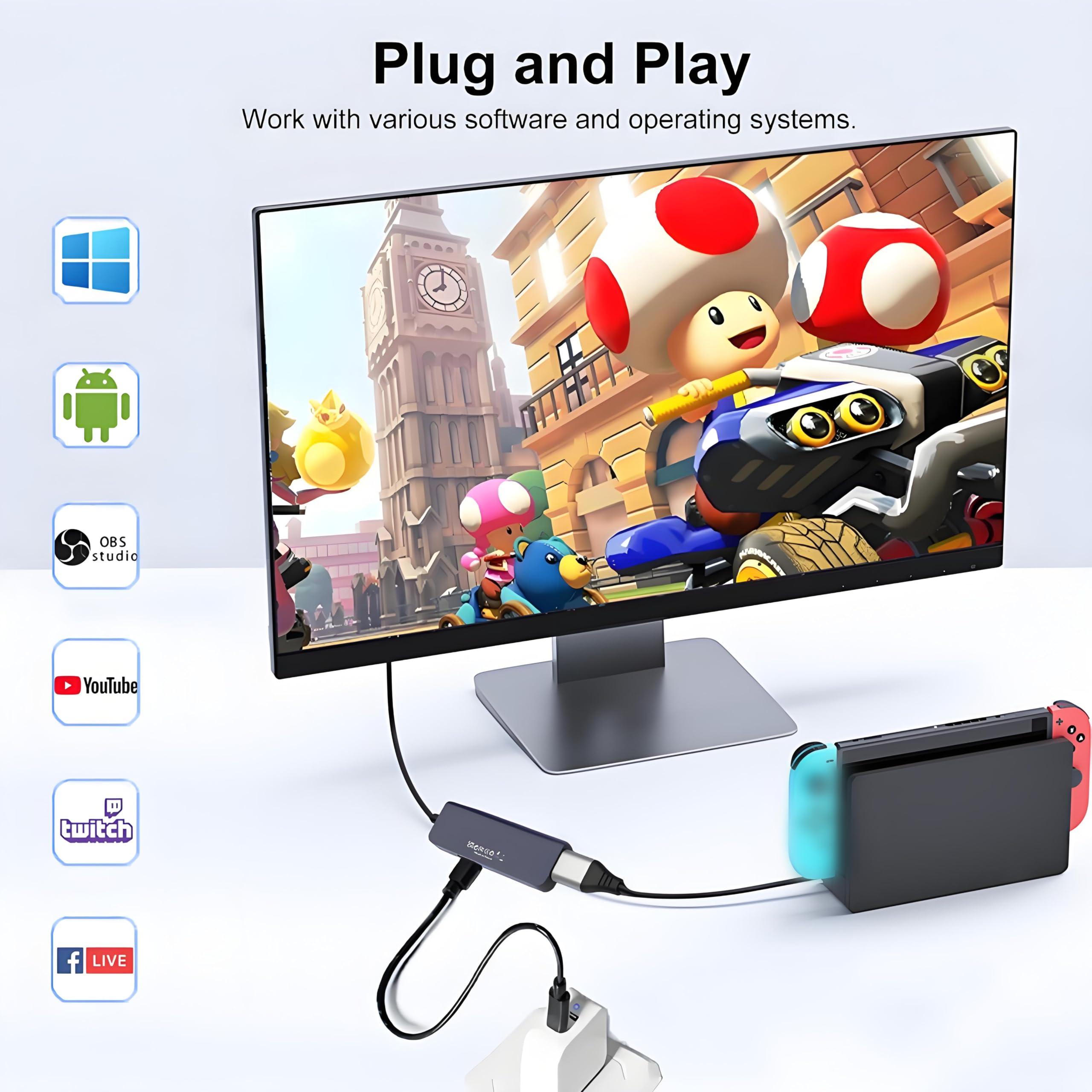 Scheda di acquisizione video, scheda di acquisizione HDMI a USB-C/A con PD100W e porta USB, registrazione di gioco in streaming 4K 1080P per registratore video di gioco,compatibile Switch,PS4/5,X box