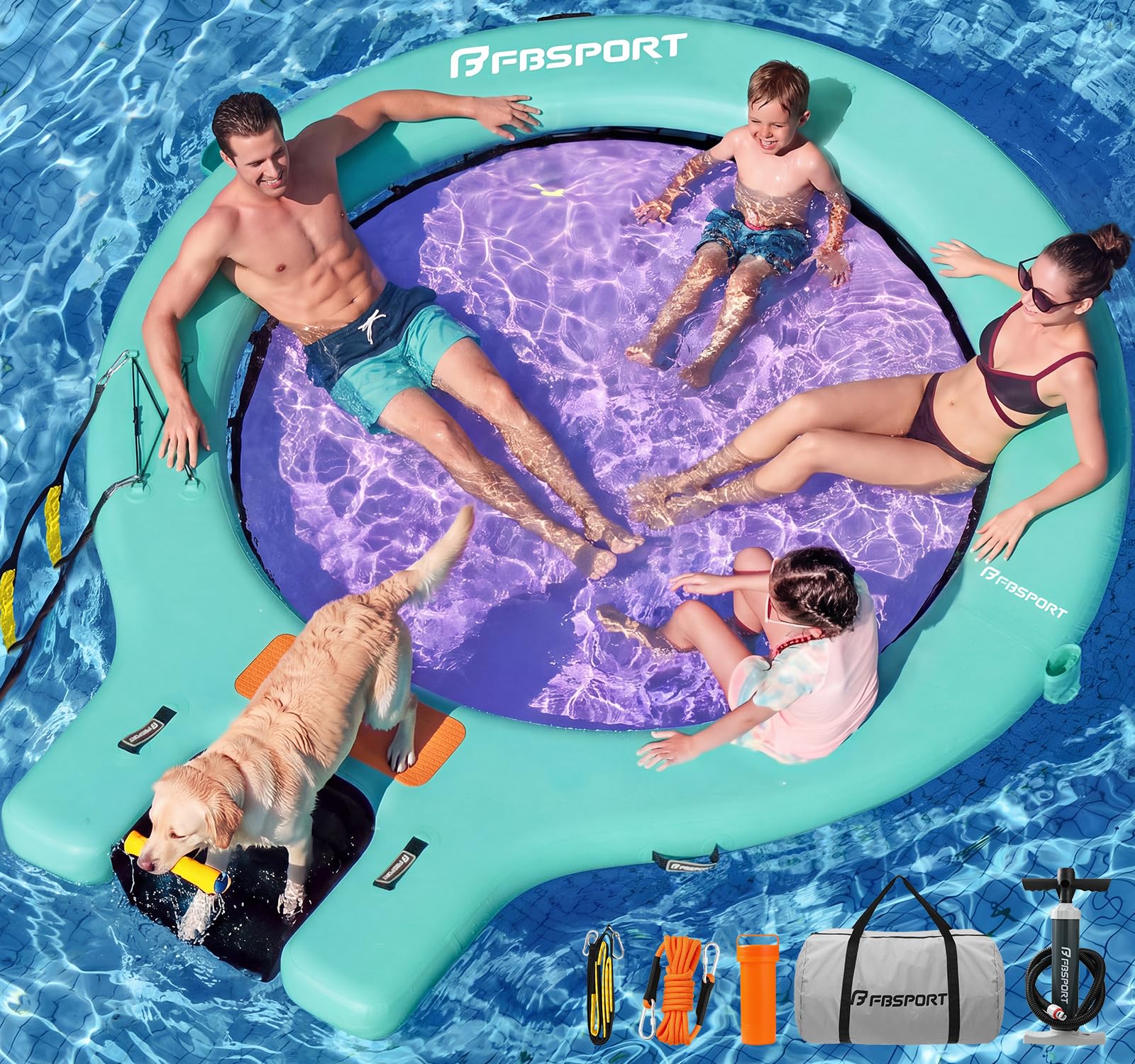 Große aufblasbare Badeplattform 240 cm Schwimminsel Sunchill mit Wasserrampe für Hunde, Wasserinsel für 3–5 Personen, Schwimmendes Dock inkl. Luftpumpe, Badeinsel Plattform für Pool Strand See & Ozean