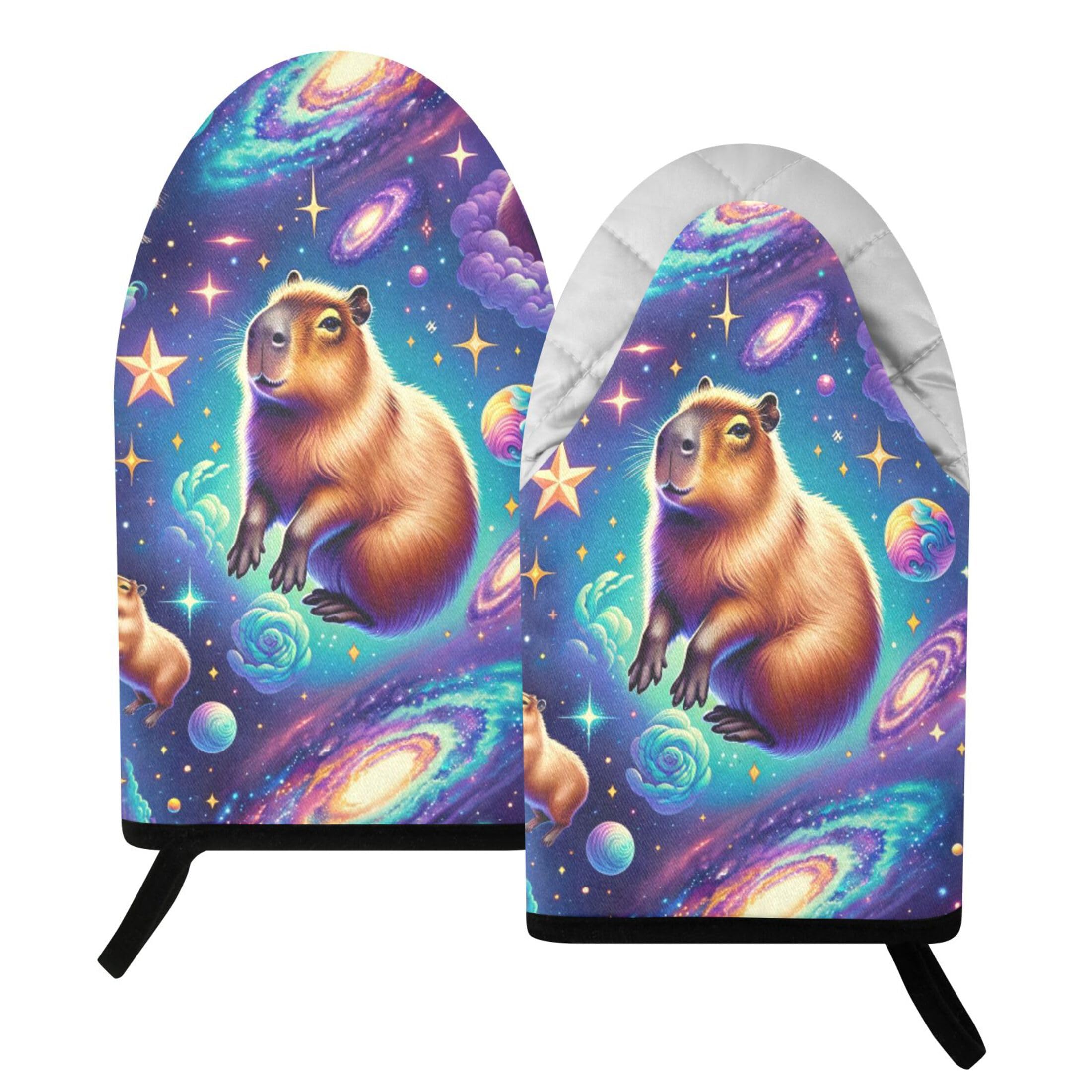 Fuauuyl Oven Mitts Heat Resistant Kitchen Gloves, Galaxy Capybara Classic Oven Gloves with Hanging Loop for Baking BBQ Cooking Grilling, 1 Pair, 9.5 in