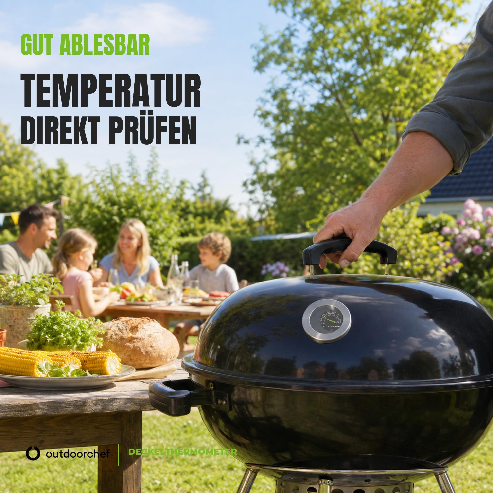 Outdoorchef 400 °C'ye kadar mangal termometresi, klasik kapak termometresi, ekstra büyük kadranlı