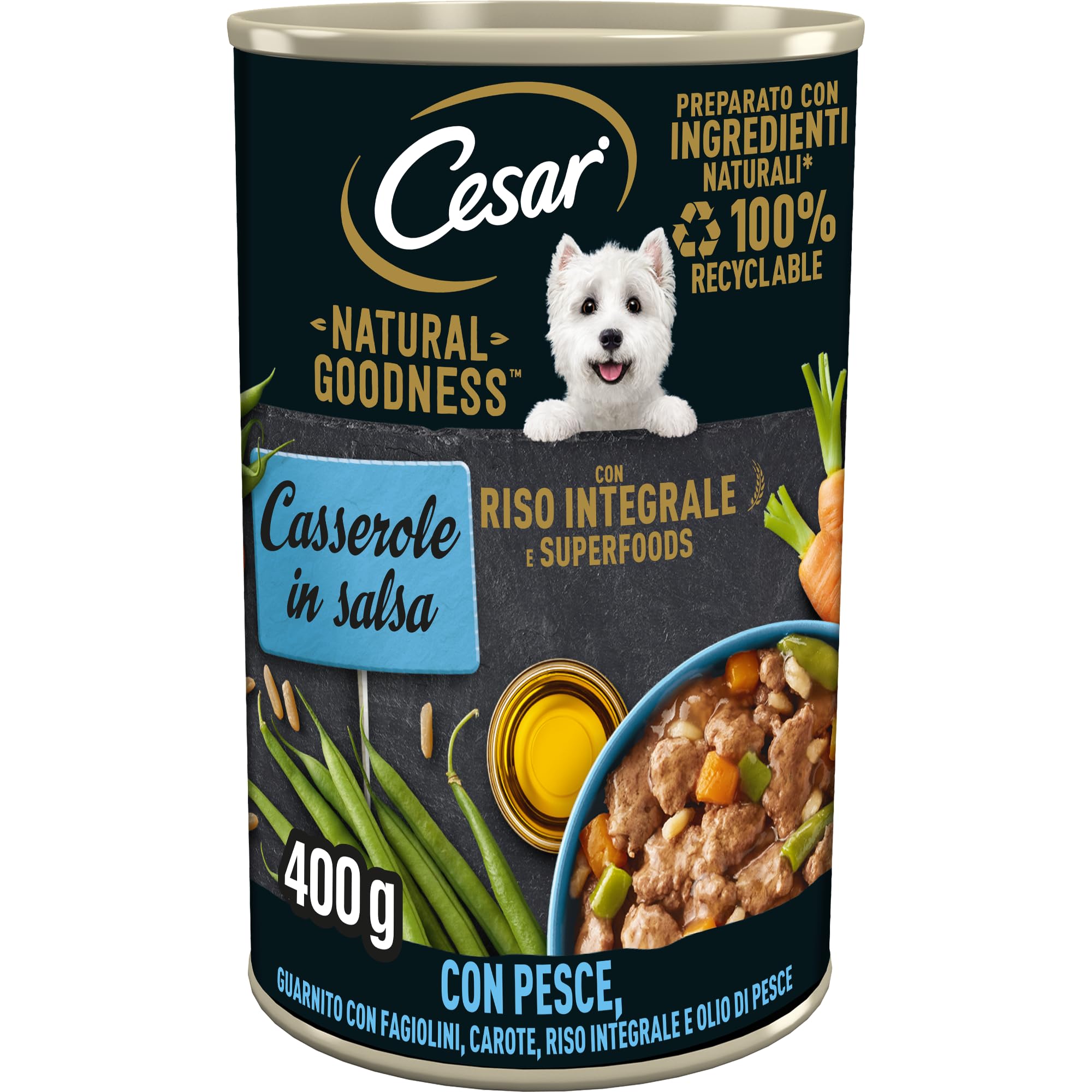 Cesar Natural Goodness Casserole Cibo Umido per Cani al gusto di Pesce e Riso Integrale in Salsa, 6 Lattine da 400 g, totale 2.4 kg