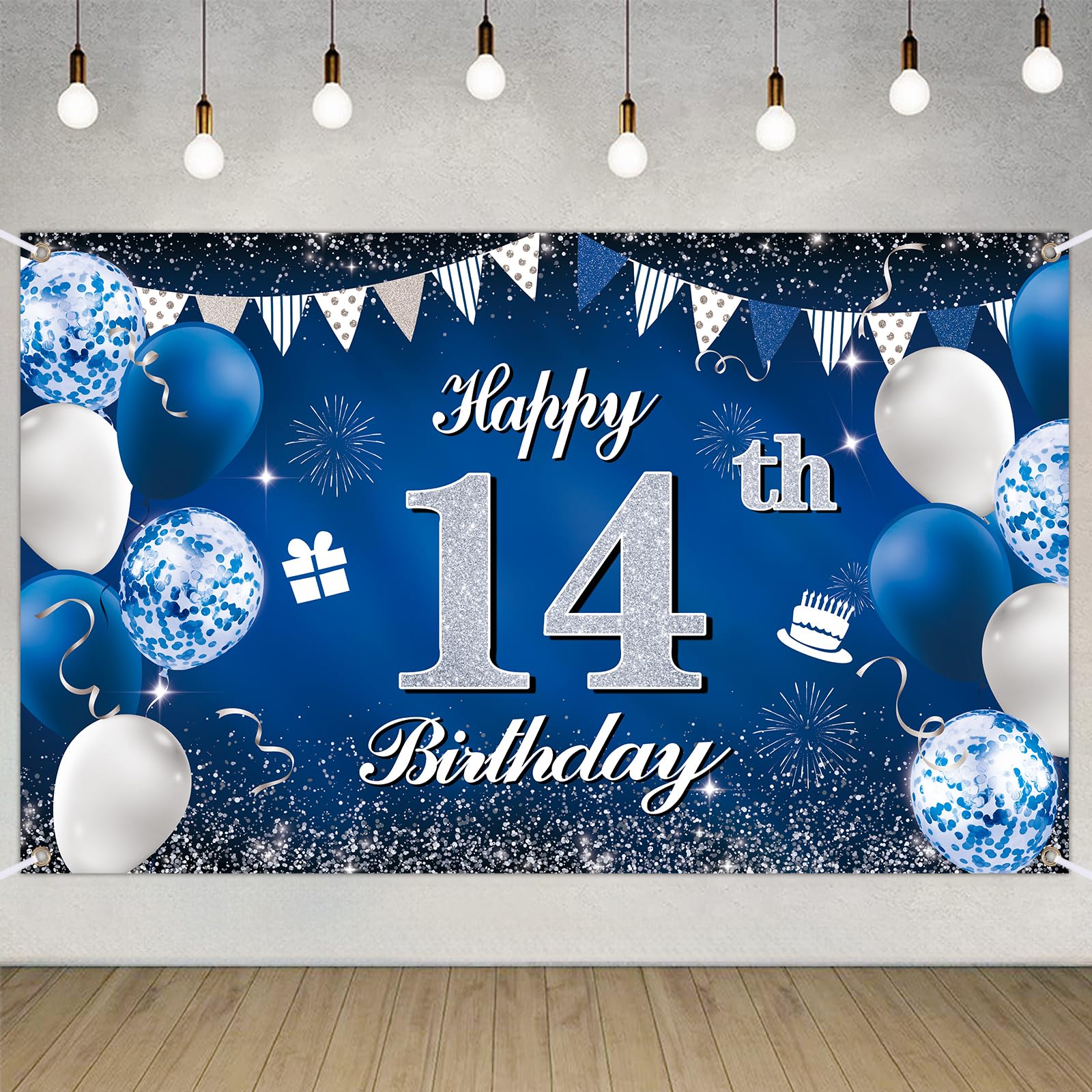 Happy 14th Birthday Decorations Blue Birthday Banner for Party Backdrop for Men Women Party Decoration Supplies — image 1