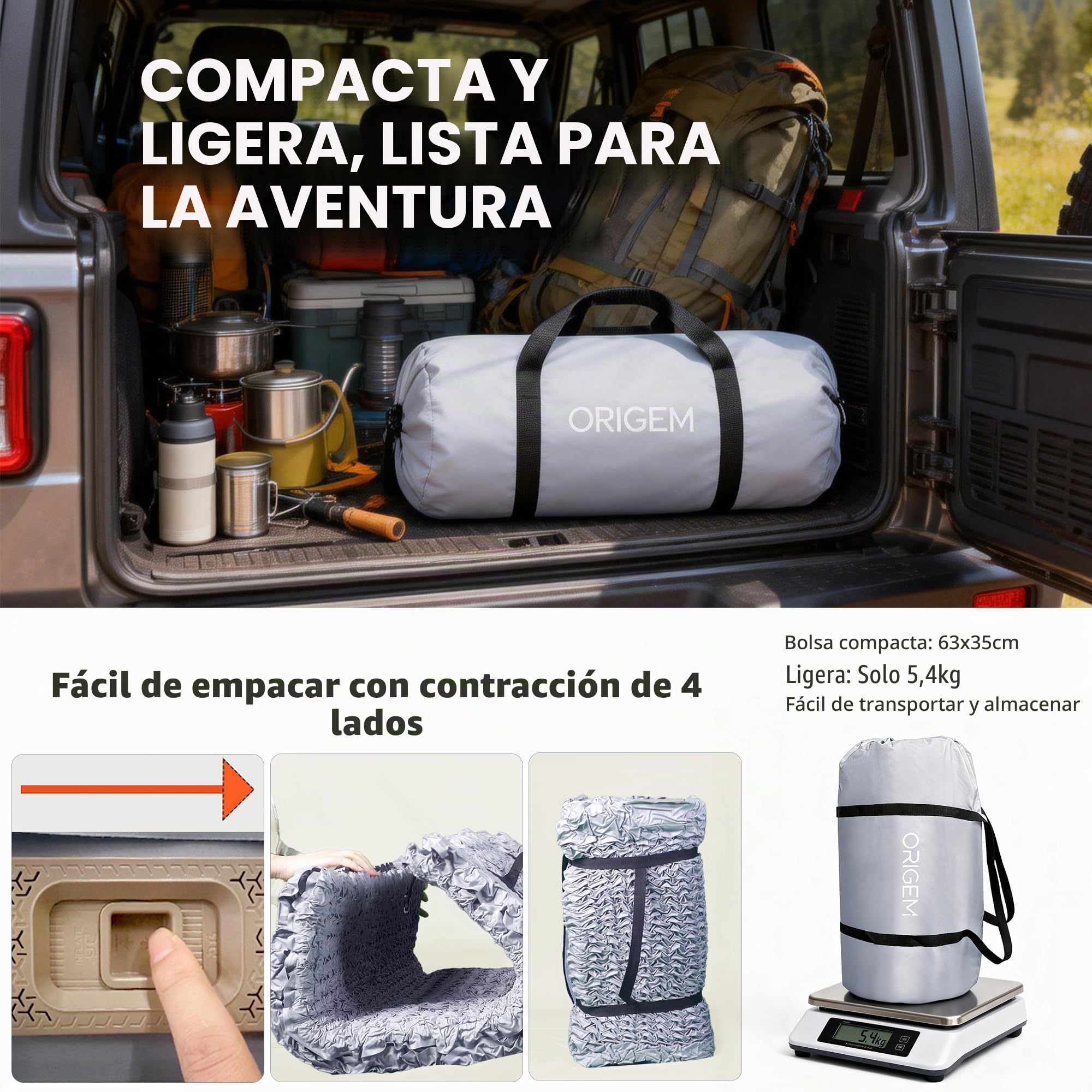 Origem Colchón Hinchable Doble Camping 200×140cm Bomba Eléctrica Integrada | 10 cm de grosor, Auto inflado y desinflado rápido, superficie de espuma para dormir en casa, camping, viajes y senderismo.