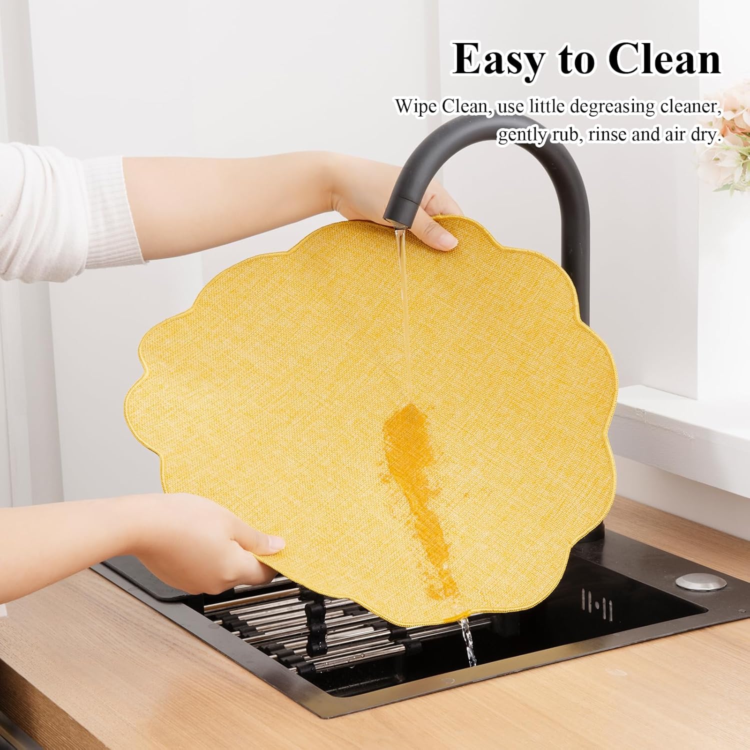 SHACOS Scalloped Round Placemats Set of 6 Polyester Linen Blend 15 inch Washable Non Slip Place Mats Easy Clean Heat Resistant Table Mats for Kitchen Dining Table Decor, Yellow