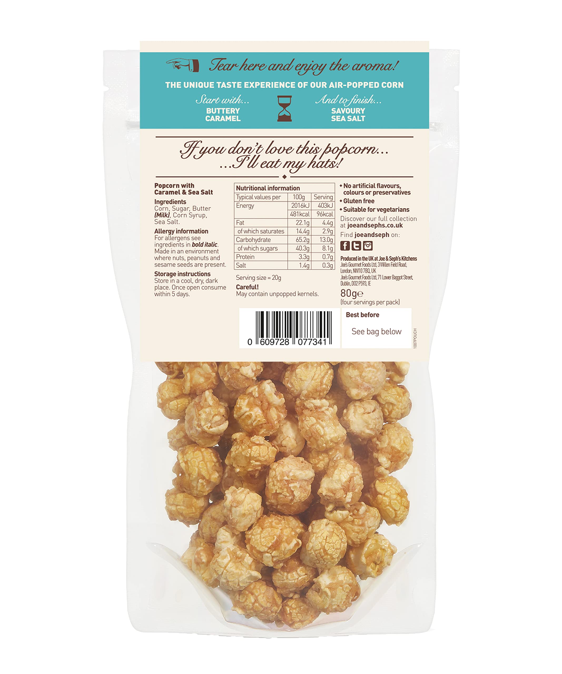Joe & Sephs Salted Caramel Popcorn, 1 x 80g Gourmet AirPopped