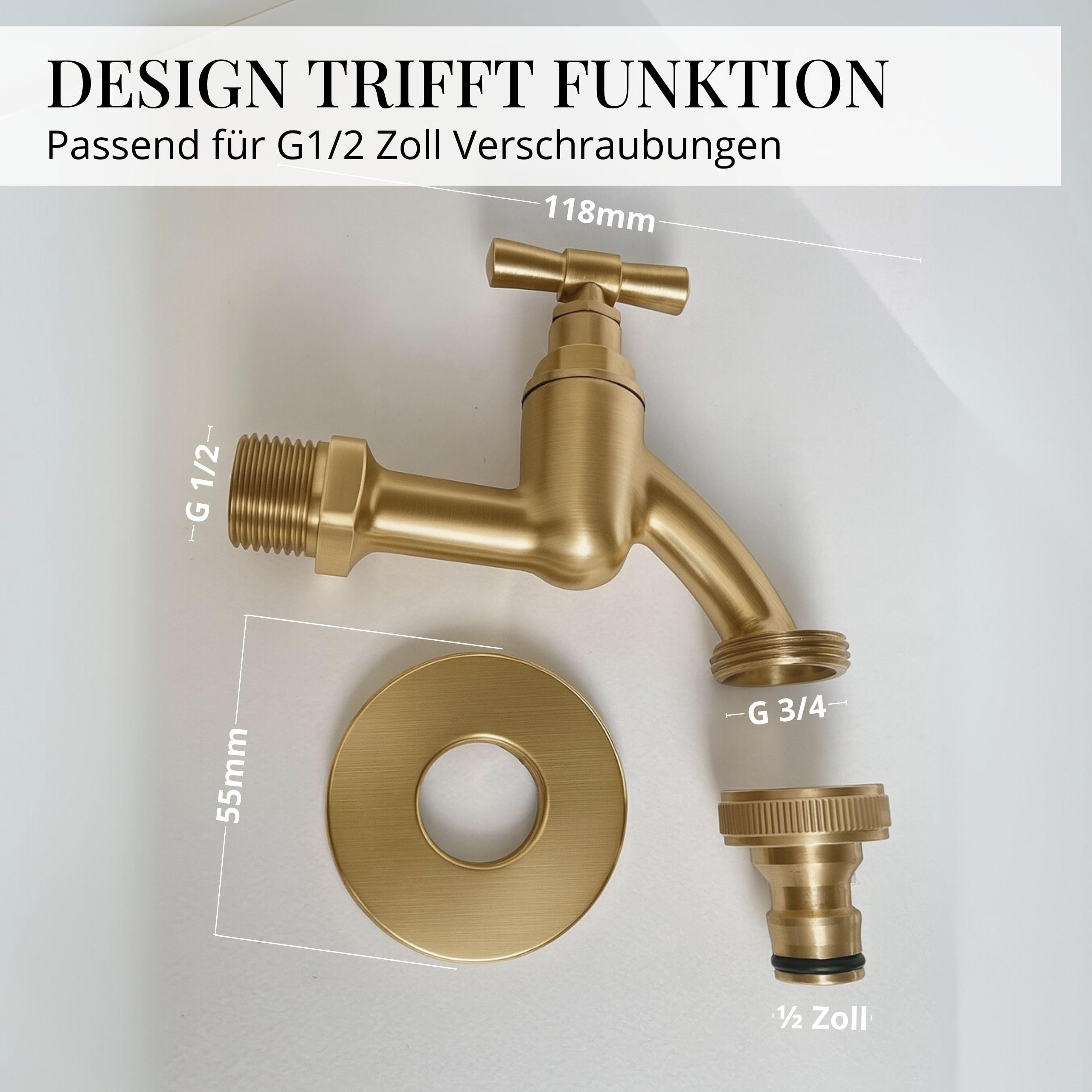 LIVLIG Premium Wasserhahn Garten, Außenwasserhahn frostsicher mit Rosettengarnitur & Schlauchanschluss, Kaltwasserhahn aus Messing, Design Wasserhahn Gold mit matter Pulverbeschichtung