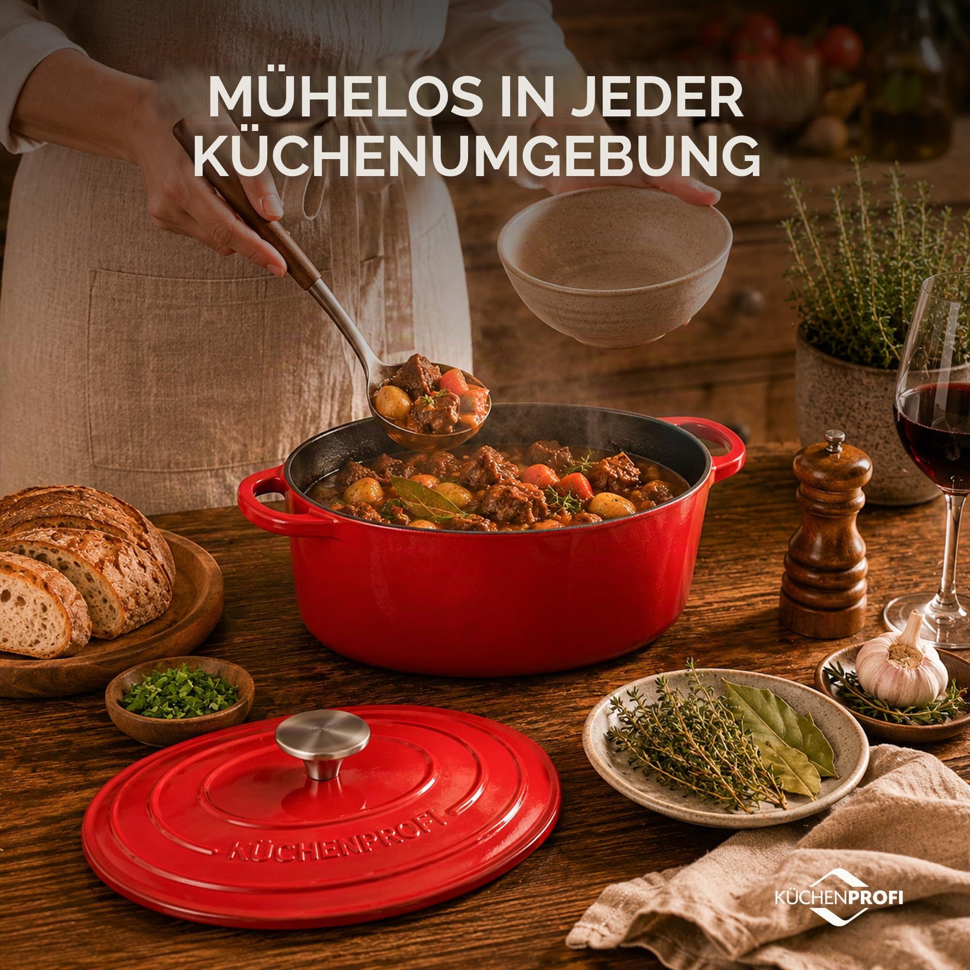 Küchenprofi Bratentopf Provence Oval mit Deckel aus Gusseisen in der Farbe Rot Fassungsvermögen 6L, Maße: 31cm x 12cm, 04 0200 04 31