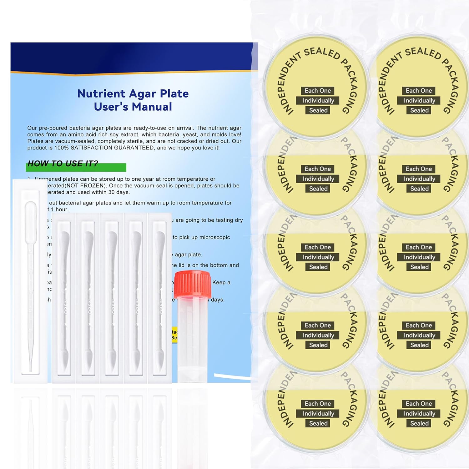 iigala Nutrient Agar Petri Dishes Kit: 10 Individually Sealed Pre-Poured Plates & Swabs for Bacteria Science Experiments & Mold Testing
