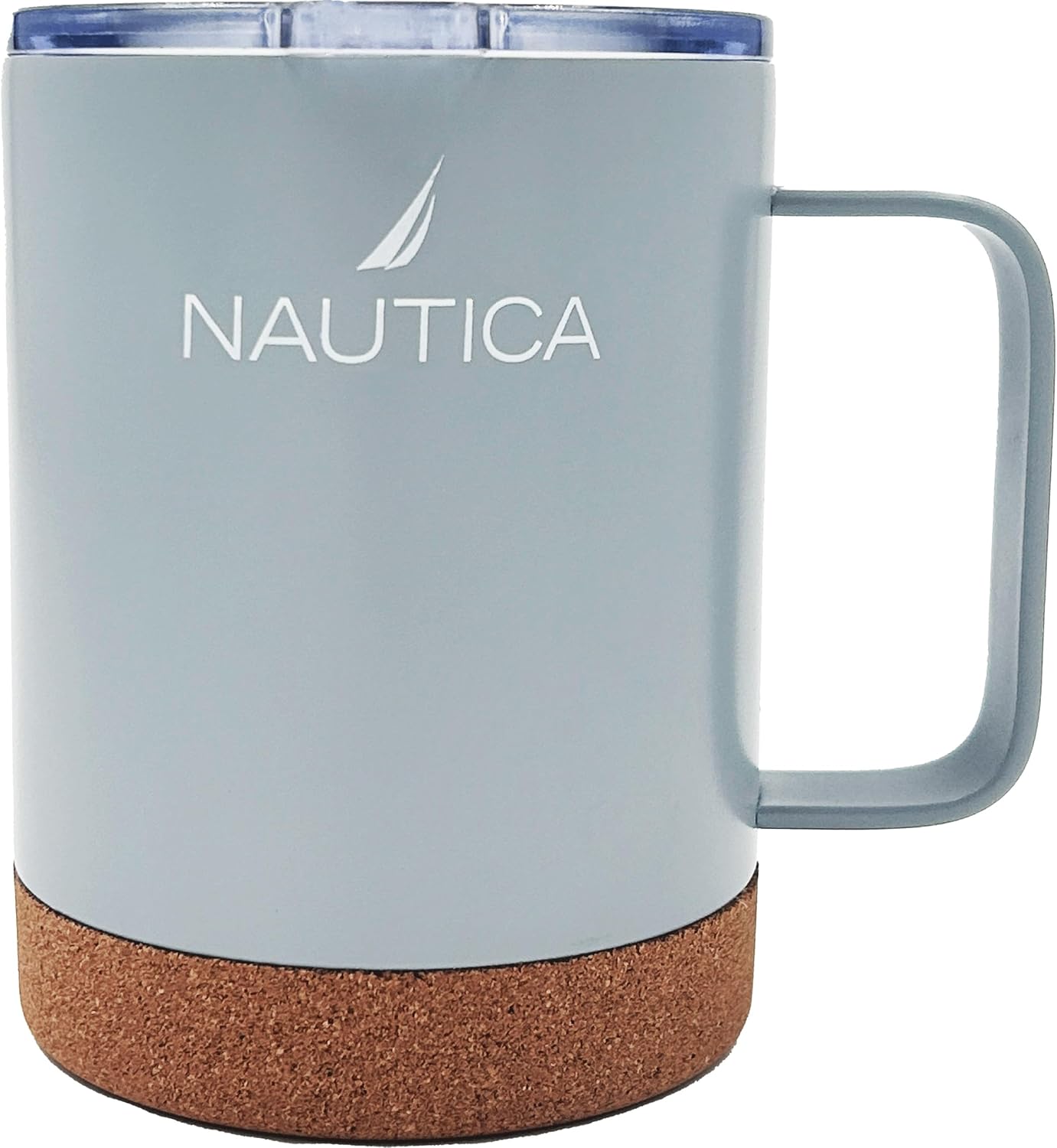 NAUTICA Insulated 12 oz Stainless Steel Mug with Spill-Resistant Lid & Cork Base, Hot or cold beverages. (Light Grey)