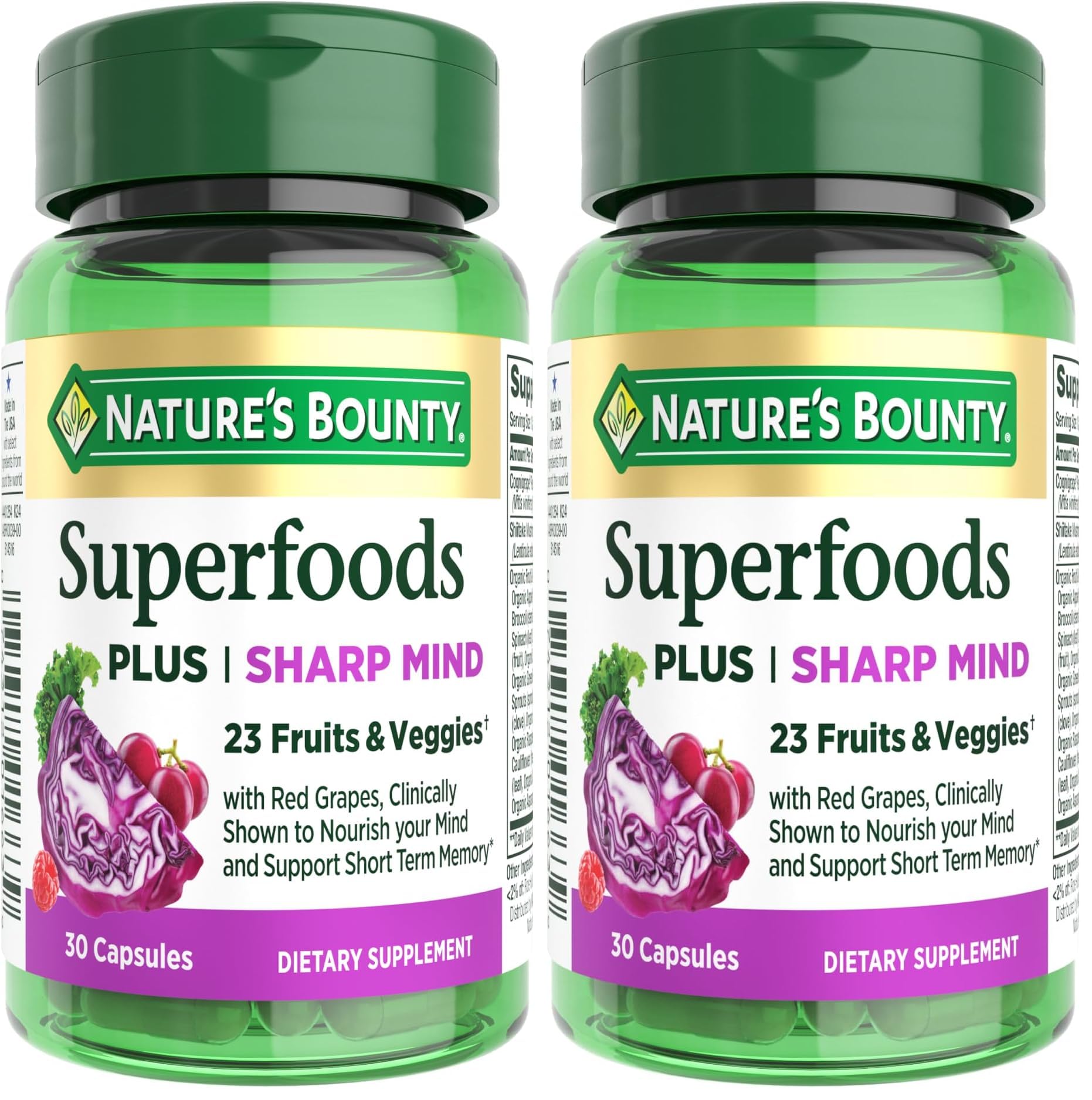 Nature's Bounty Superfoods Plus Sharp Mind for Brain Health, Memory; Focus, Superfoods with 23 Fruits & Veggies Plus Red Grapes - Cognitive Supplement, 30 Capsules (Pack of 2) 30 Count (Pack of 2)