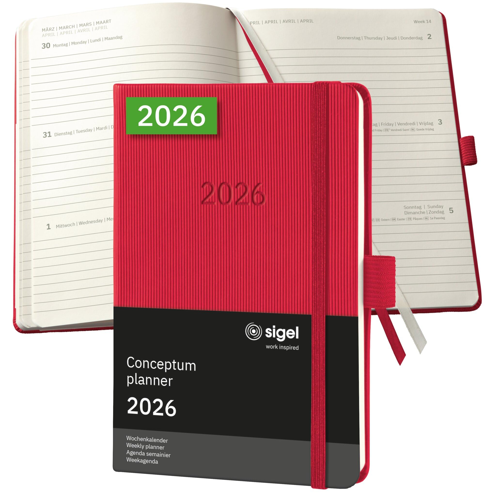 SIGEL C2665 Weekly planner Conceptum 2026-1 year - approx. A6 - red - 2 pages = 1 week - hardcover - 80 gsm - 176 p. - PEFC-certified