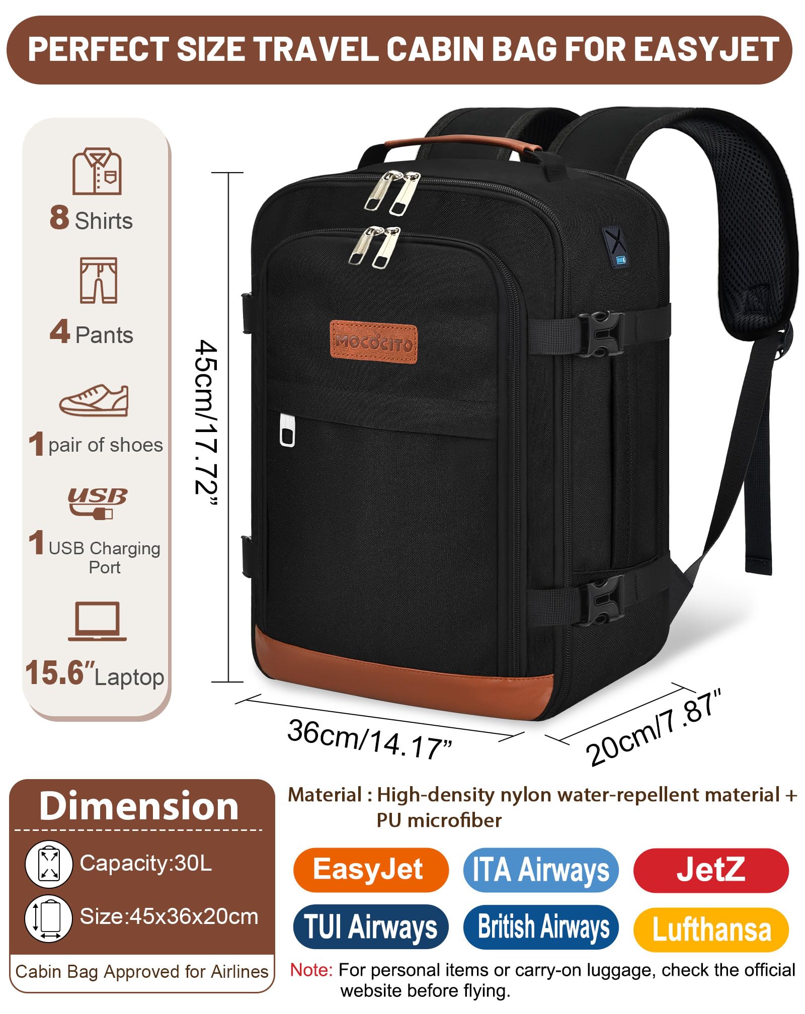 Bagages Cabine 40x30x20+5cm Pour Voyage Avion Sac à Dos Ryanair Homme Femme 20L Capacité Petit Bagage à Main Sous Siège, Sac Ordinateur Portable 15.6" Pour Vueling, WizzAir, Transavia