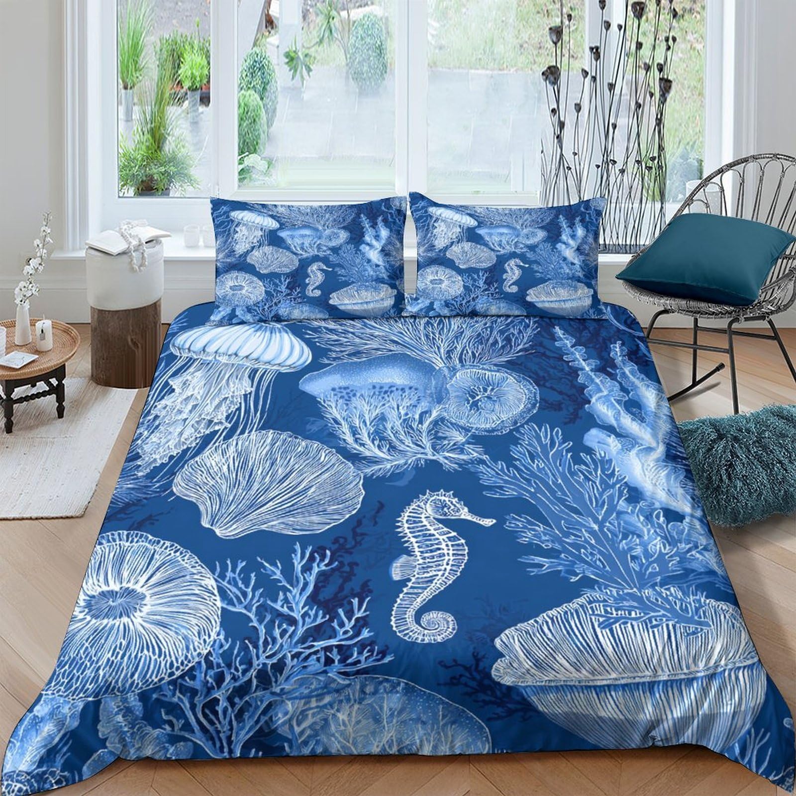 Ctjqhvkz Style-6 3D Printed Ocean Blue Seashell Fitted Sheet Microfiber Soft Breathable Coral Seahorse Mattress Cover For Bedroom Home Decor Single（135X200cm）
