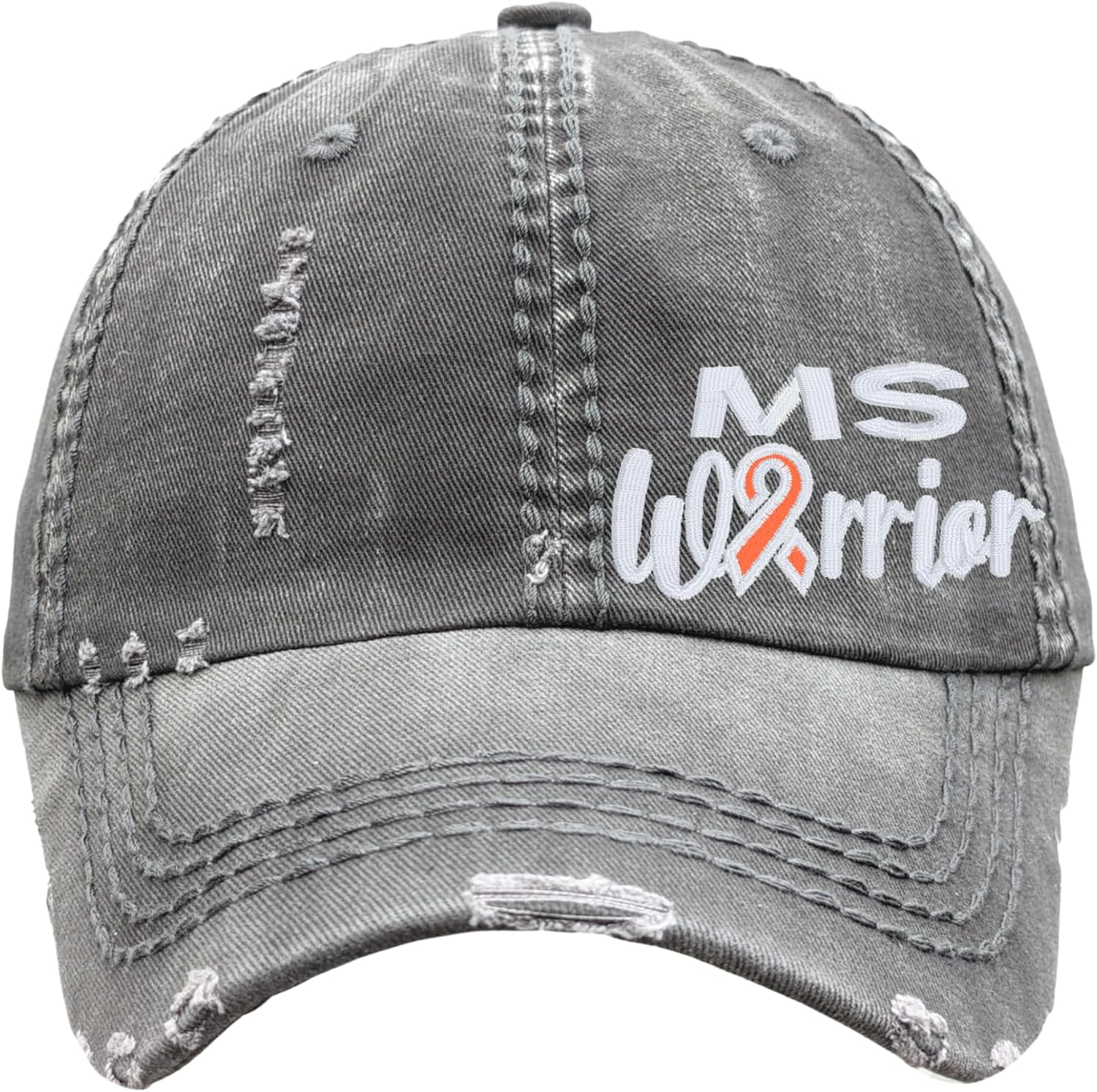 Warrior Multiple Sclerosis MS Orange Ribbon Hat, Baseball or High Ponytail Cap, Handmade Embroidered Cute, March Month Support Walk Run Race Gift for Her Wife Mom Friend Birthday