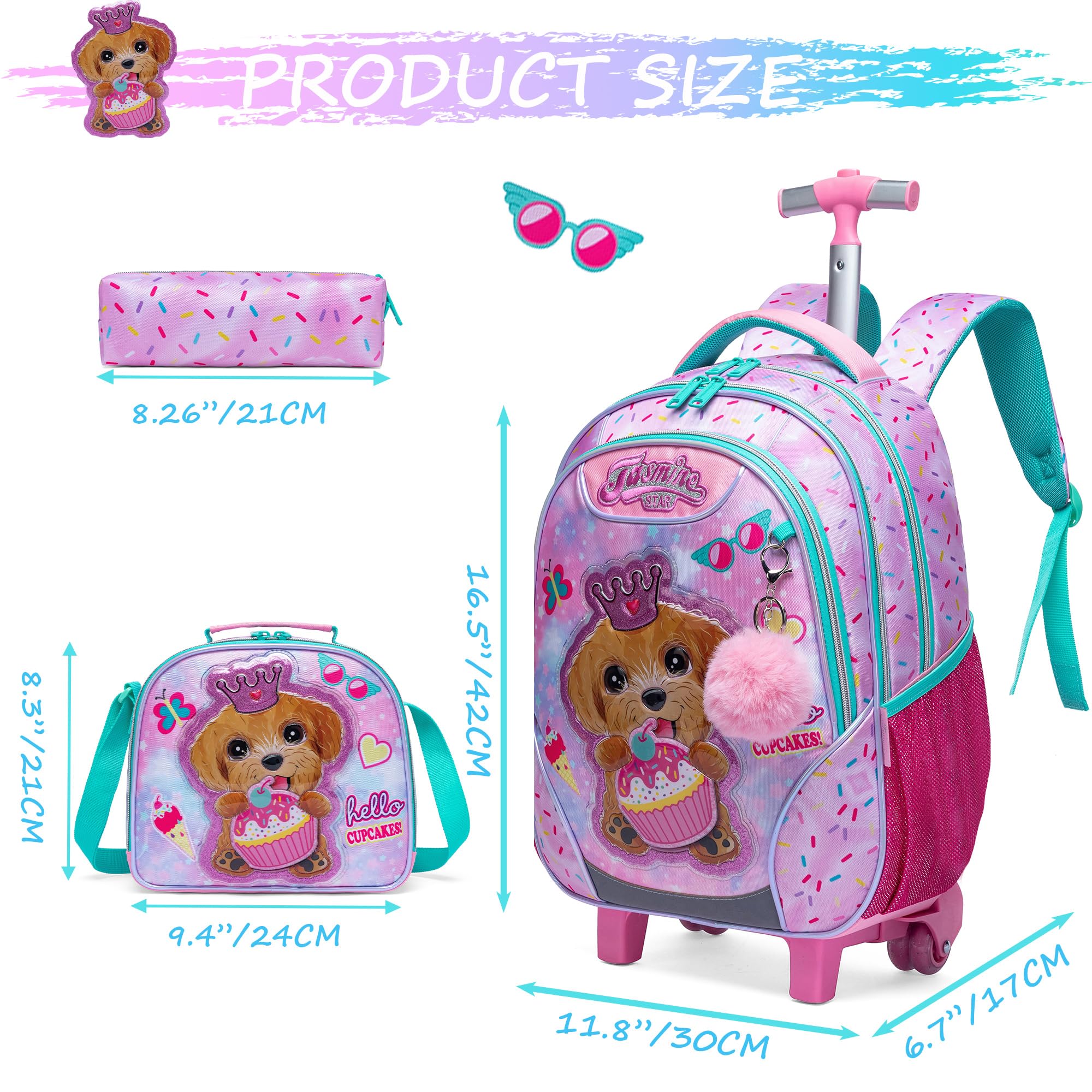 HTgroce Mochila Escolar con Ruedas Niña, Mochilas Escolares Con Ruedas,Traiga un Estuche para lápices y una Bolsa para el Almuerzo