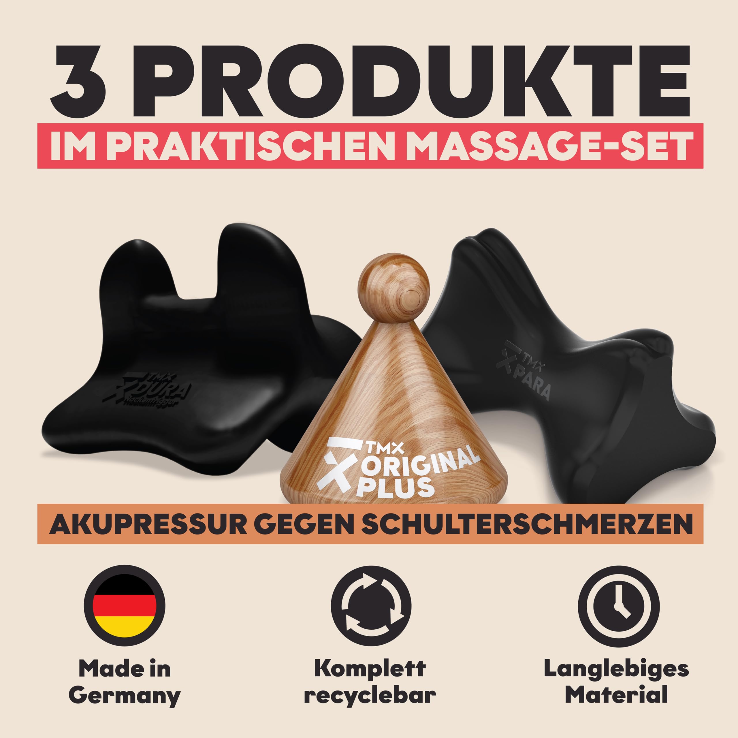 TMX® Zestaw do masażu ramion | akupresura przeciw bólom ramion | masaż punktów bólowych | naciskanie punktów spustowych | masaż punktów spustowych | 3 narzędzia spustowe w jednym zestawie