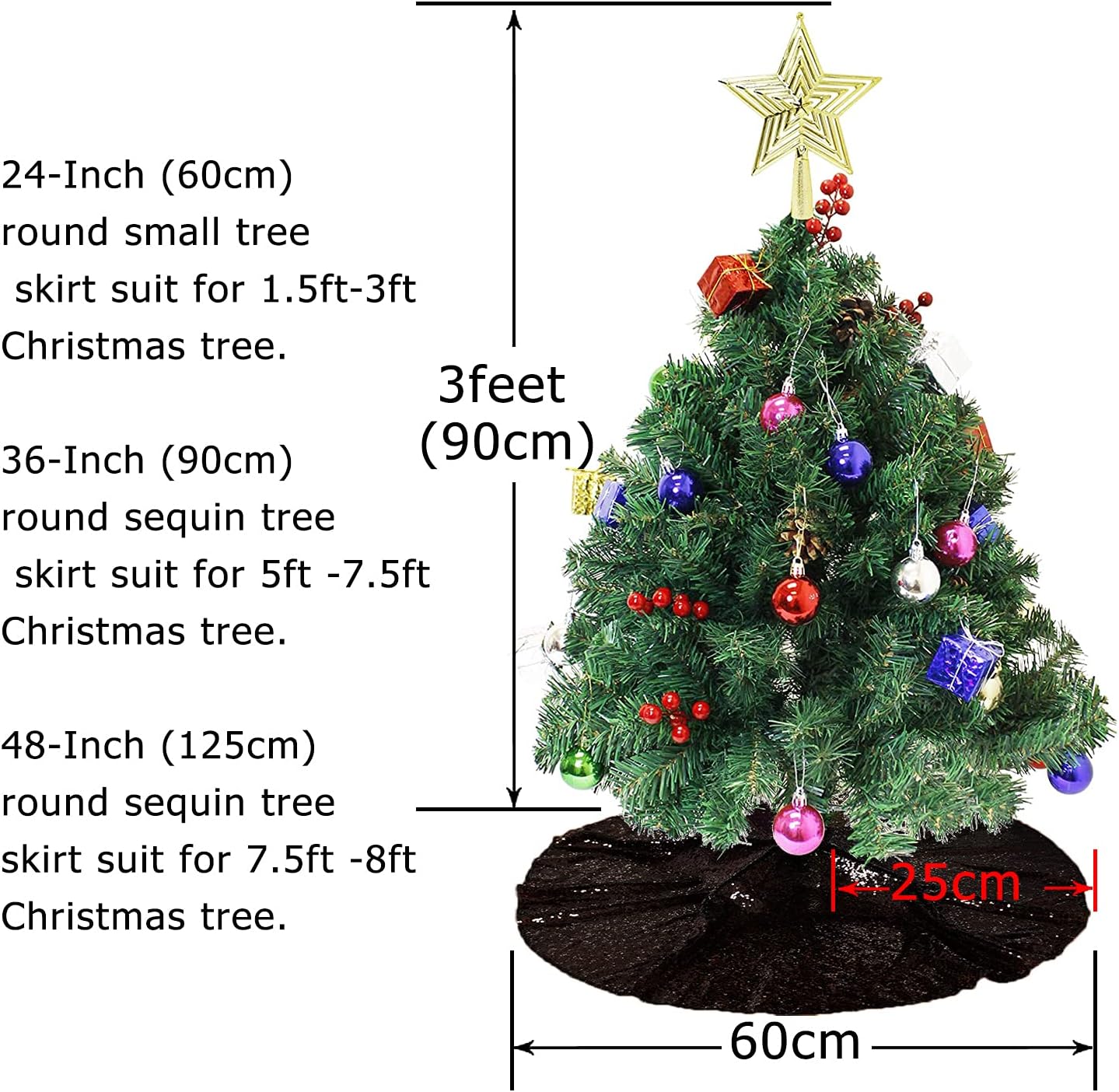 Sequin Tree Skirt 24" Round Tree Skirt Black Christmas Tree Decoration Xmas Tree Skirt Wedding Party Decor Glitter Tree Skirt (24 Inch, Black)