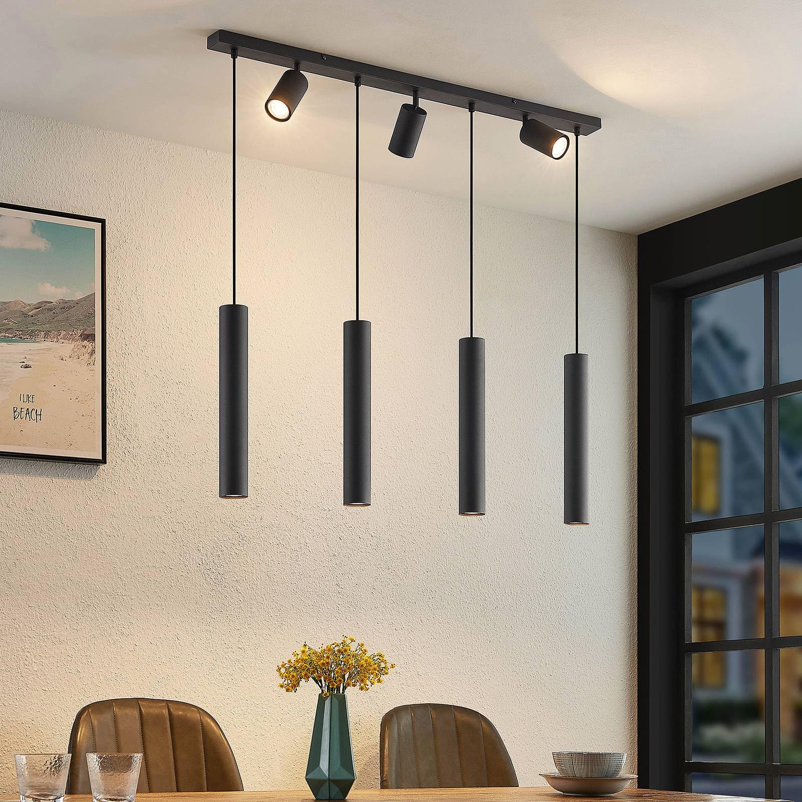 Lindby Lampada a Sospensione 7 Luci Nera 100 cm, Lampadario con Faretti Orientabili e Pendenti Cilindrici GU10 Lampade Sospese Moderne per Cucina Sala da Pranzo Soggiorno Camera Letto