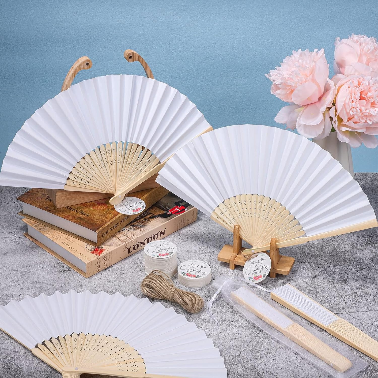 MCEAST 120 Pack White Wedding Folding Fans Bamboo Handheld Paper Fan Wedding Hand Fan with Tags and Jute String Fun DIY Wedding Favors for Guests, Party and Home Decoration