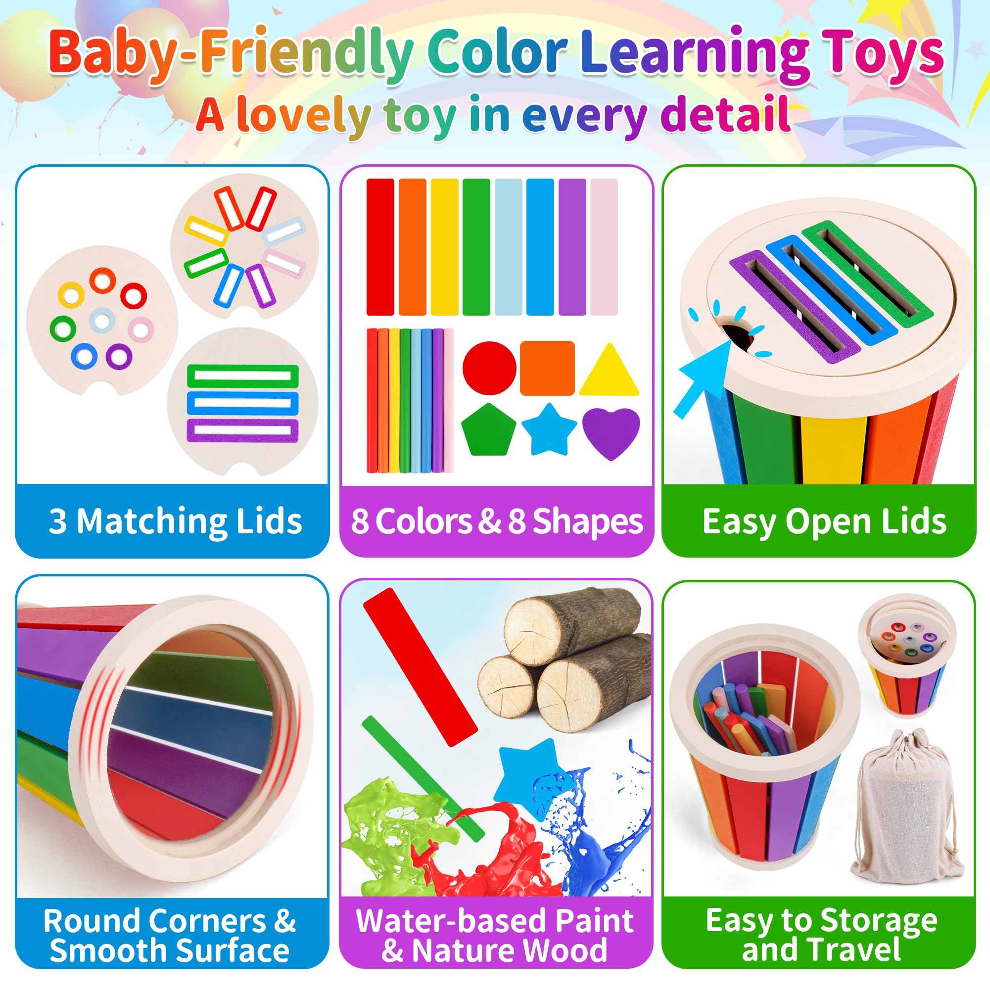 Boîte à Monnaie Montessori FCSONU – 12 Blocs Colorés, Tiroir, Jouet En Bois 1-3 Ans, Apprendre Couleurs Et Formes