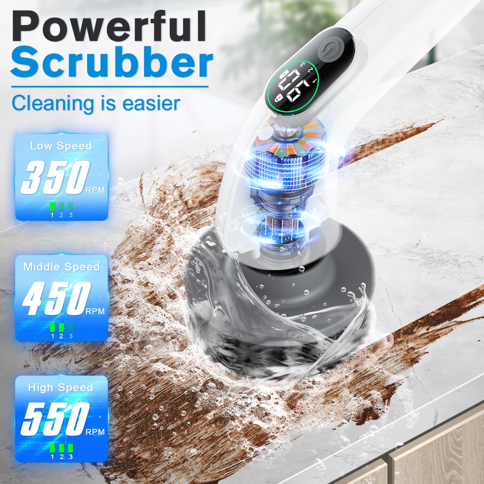 Electric Spin Scrubber, 550 RPM Cordless Home Cleaning Brush with Extended Handle, 3 Speeds, 8 Replacement Heads, IPX7 Waterproof, LCD Display – Power Shower Scrubber for Bathroom, Tub, Floor, Tile
