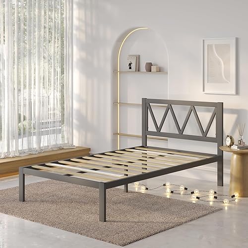 Miniatura 10 de Novilla Base de cama de plataforma de metal con cabecero, soporte de listones de madera, no necesita somier, fácil montaje, negro, tamaño individual