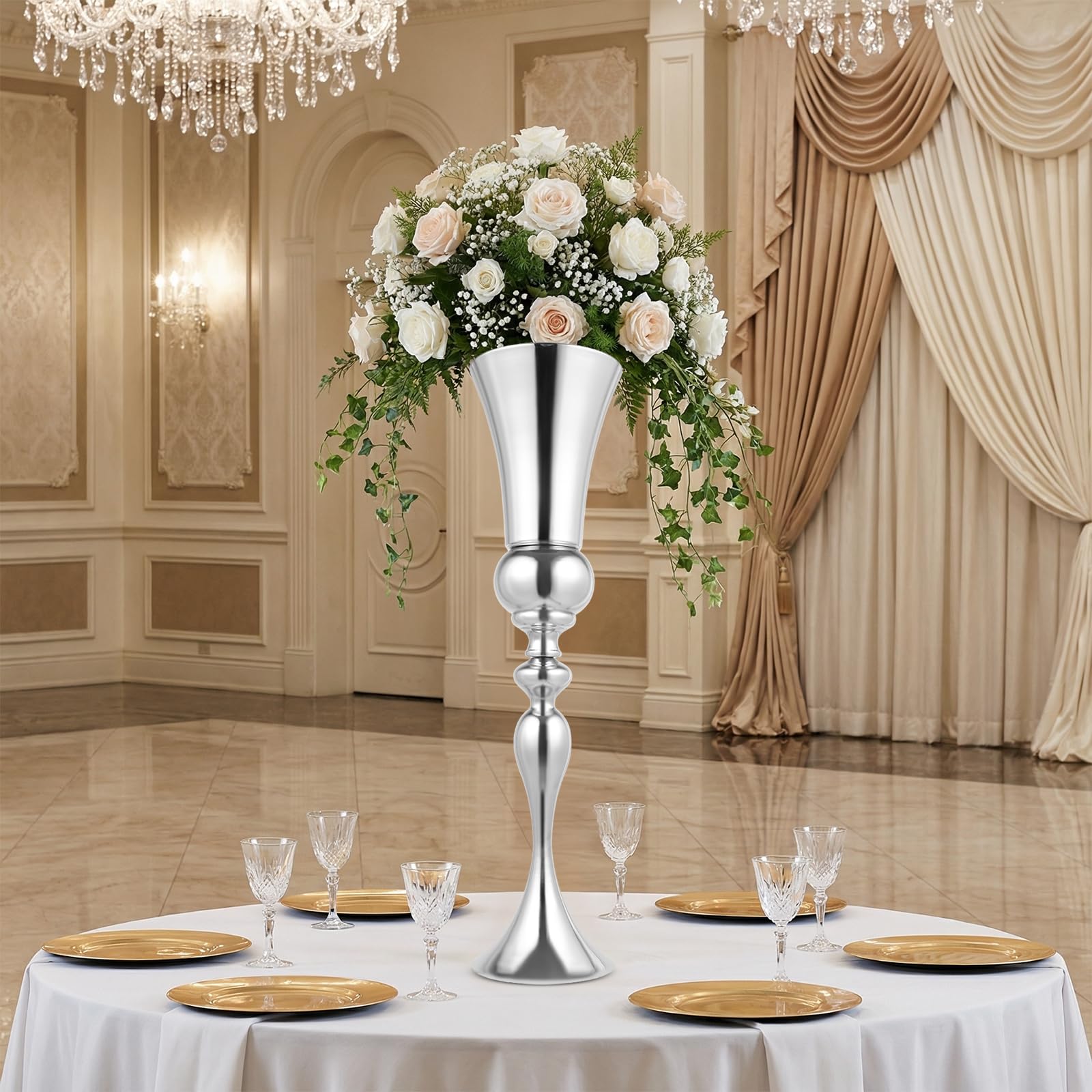 Jarrón de suelo grande de metal, jarrón de trofeo, jarrón de mesa, moderno jarrón decorativo para velas, flores artificiales, flores frescas, jarrón de hierro para bodas, compromisos, luz de velas