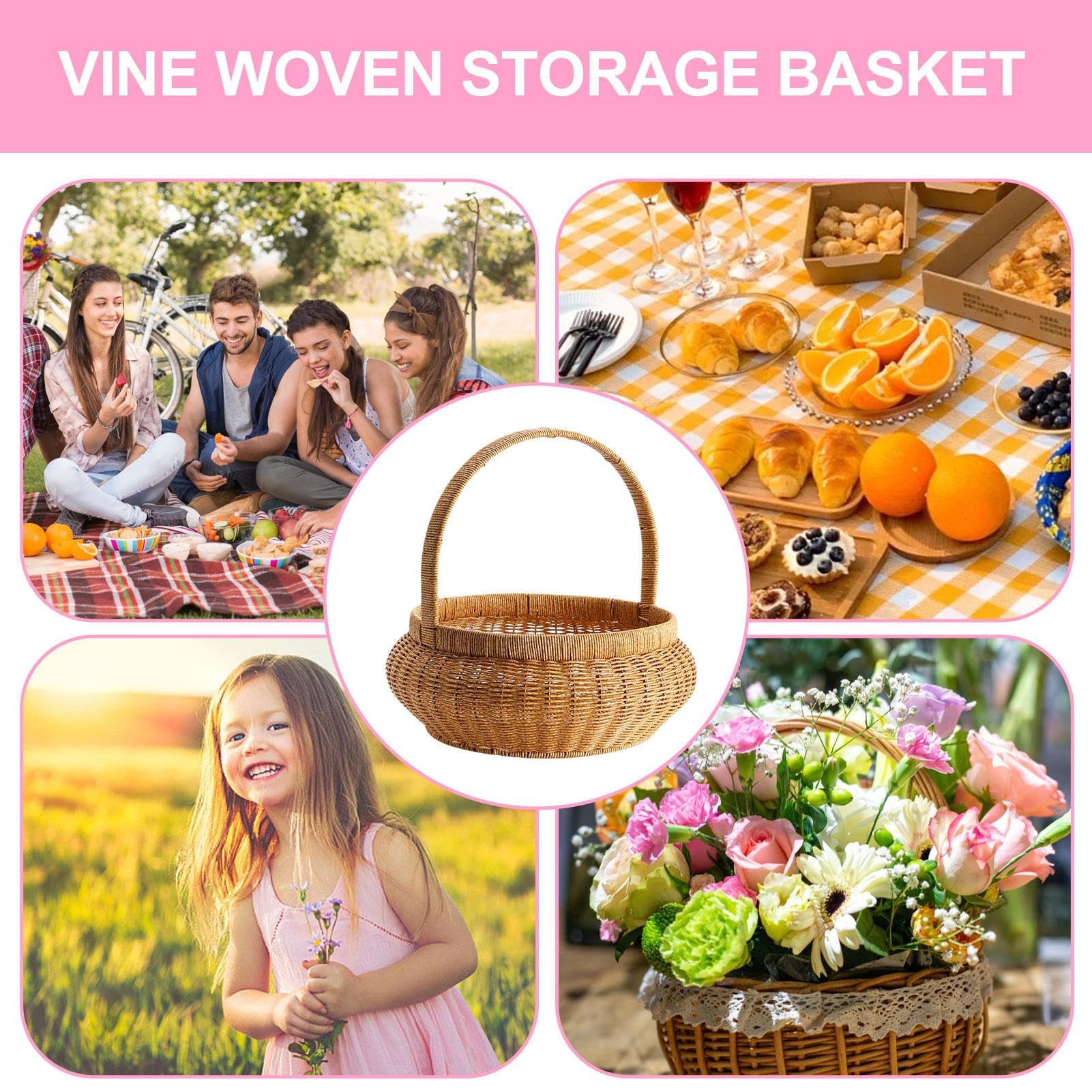 Woven Flower Basket - Organizer Na Żywność Z Wikliny Z Rączkami - Imitacja Rattanu Okrągły Pojemnik Dekoracyjny Do Przechowywania | Na Owoce Warzywa Chleb Serwowanie Dom Stół Piknik