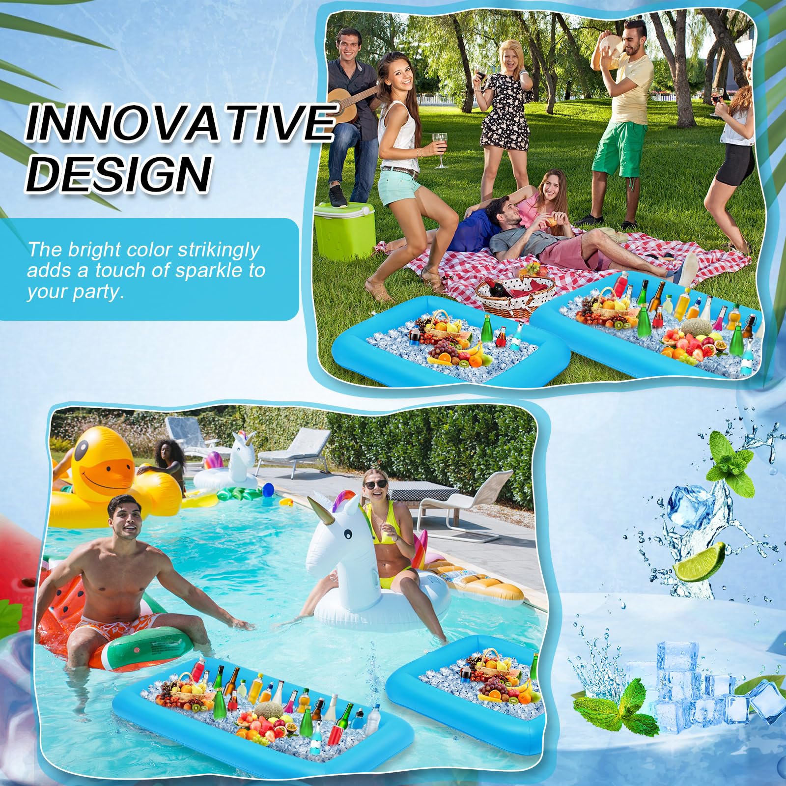 Leitee 4 barras inflables para servir hielo, bandeja para servir bufé, enfriador de bebidas para fiesta en la piscina, bandeja de hielo inflable, contenedores flotantes para alimentos y bebidas con
