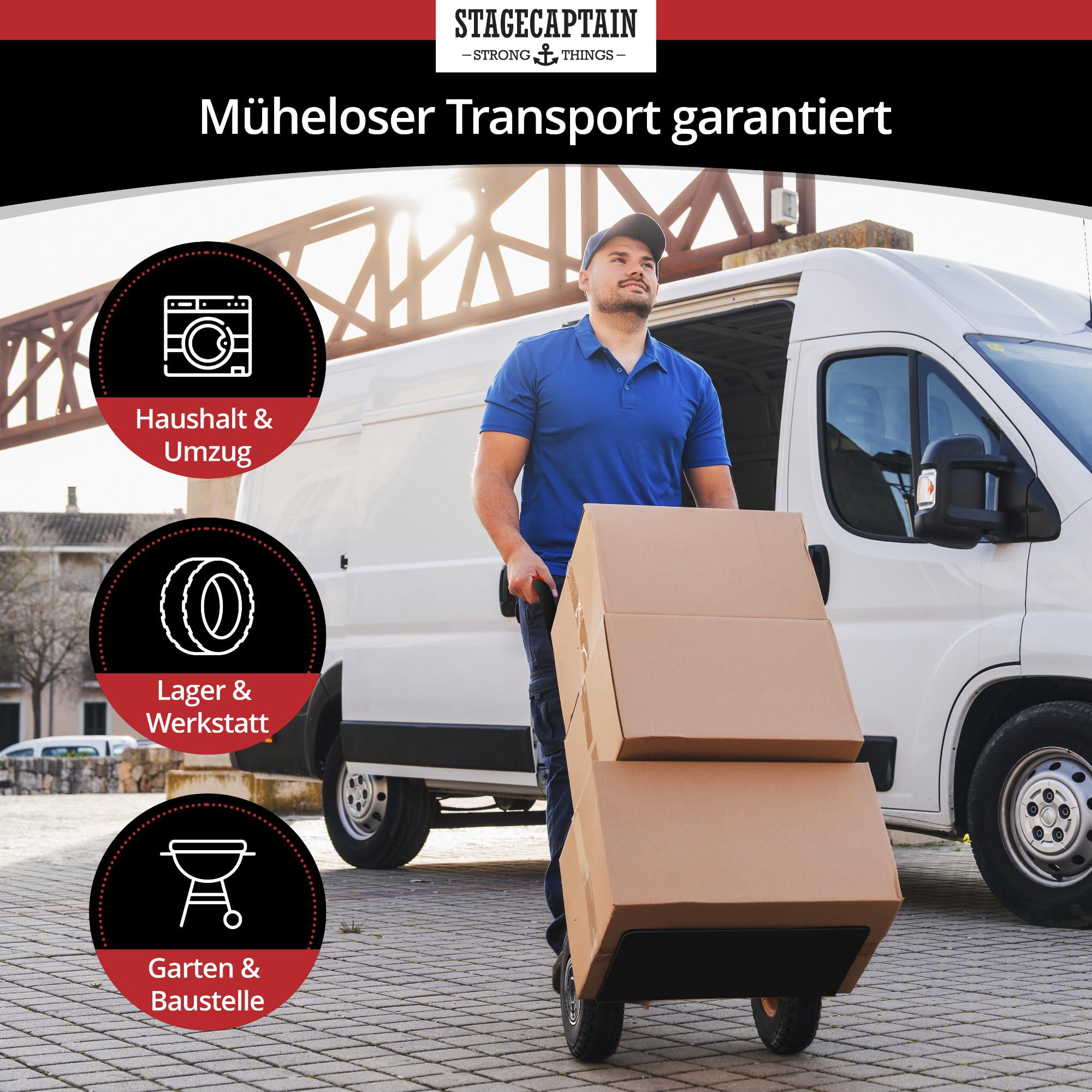 Stagecaptain Carryboy Sackkarre - 200 kg belastbar - Transportkarre für Umzug oder Getränkekisten - Robuster Stahlrahmen und Luftreifen mit 26 cm Ø - Handwagen mit Sicherheits-Haltegriffen - Schwarz