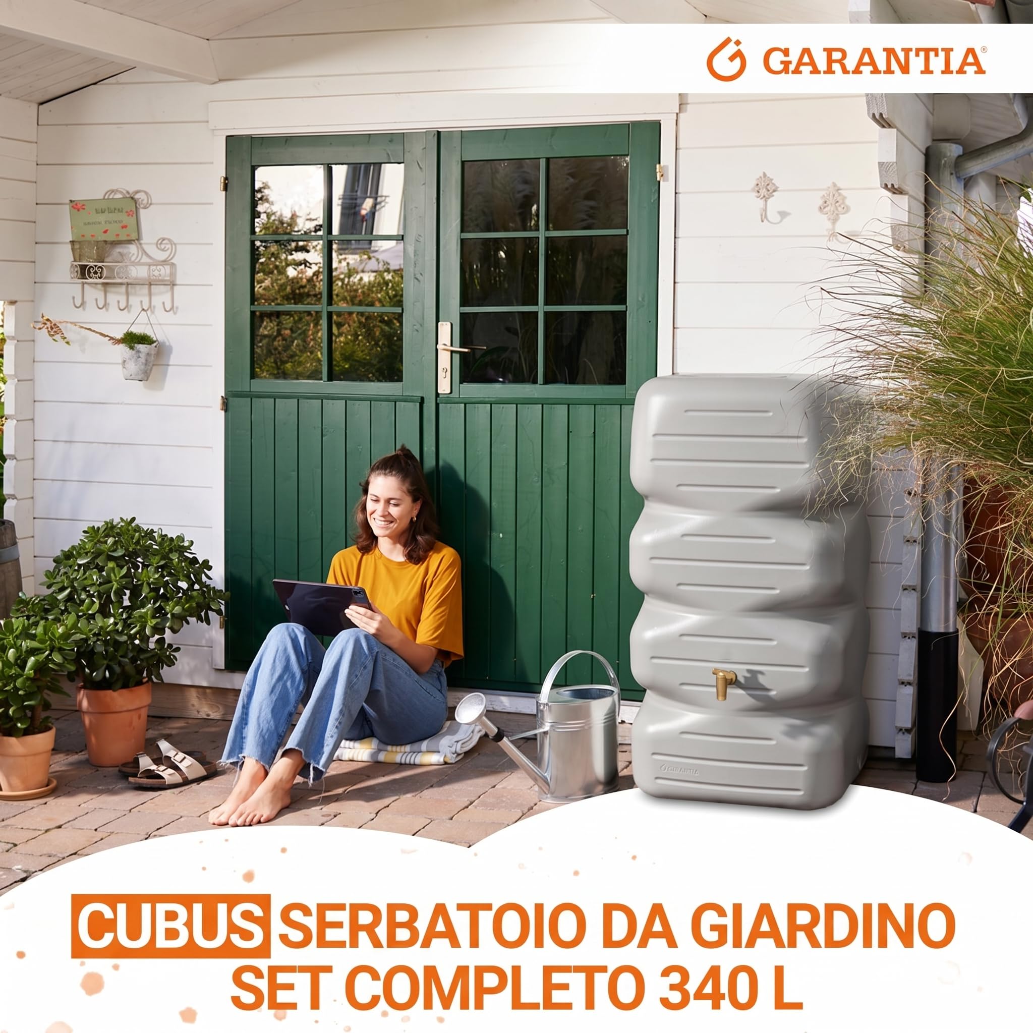 GARANTIA CUBUS serbatoio da giardino set completo 340 litri grigio cemento incl. rubinetto in plastica e raccordo pluviale - pronto al collegamento - design compatto elegante - riempimento automatico
