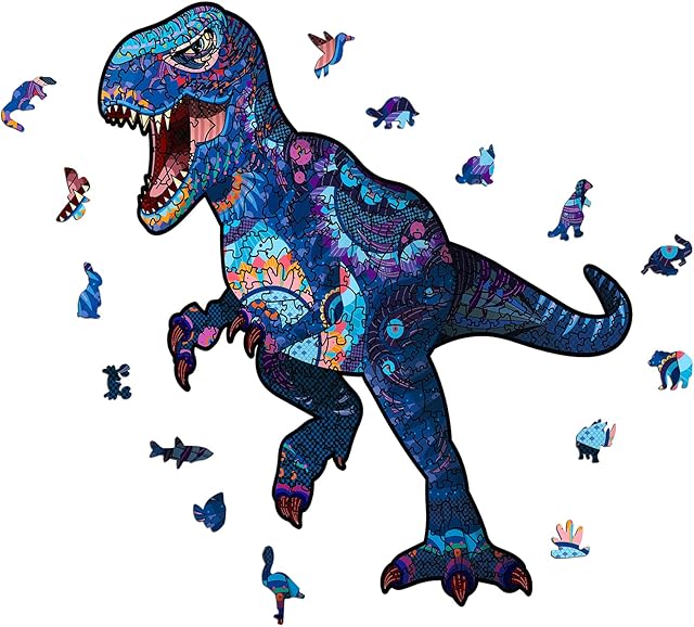 Wooden Jigsaw Puzzles, Unique Animal Shaped Puzzle Magic 3D Jigsaw Puzzles, Gift for Adults and Kids, Family Game Play Collection Problem-Solving Challenge Activity (tyrannosaurus)