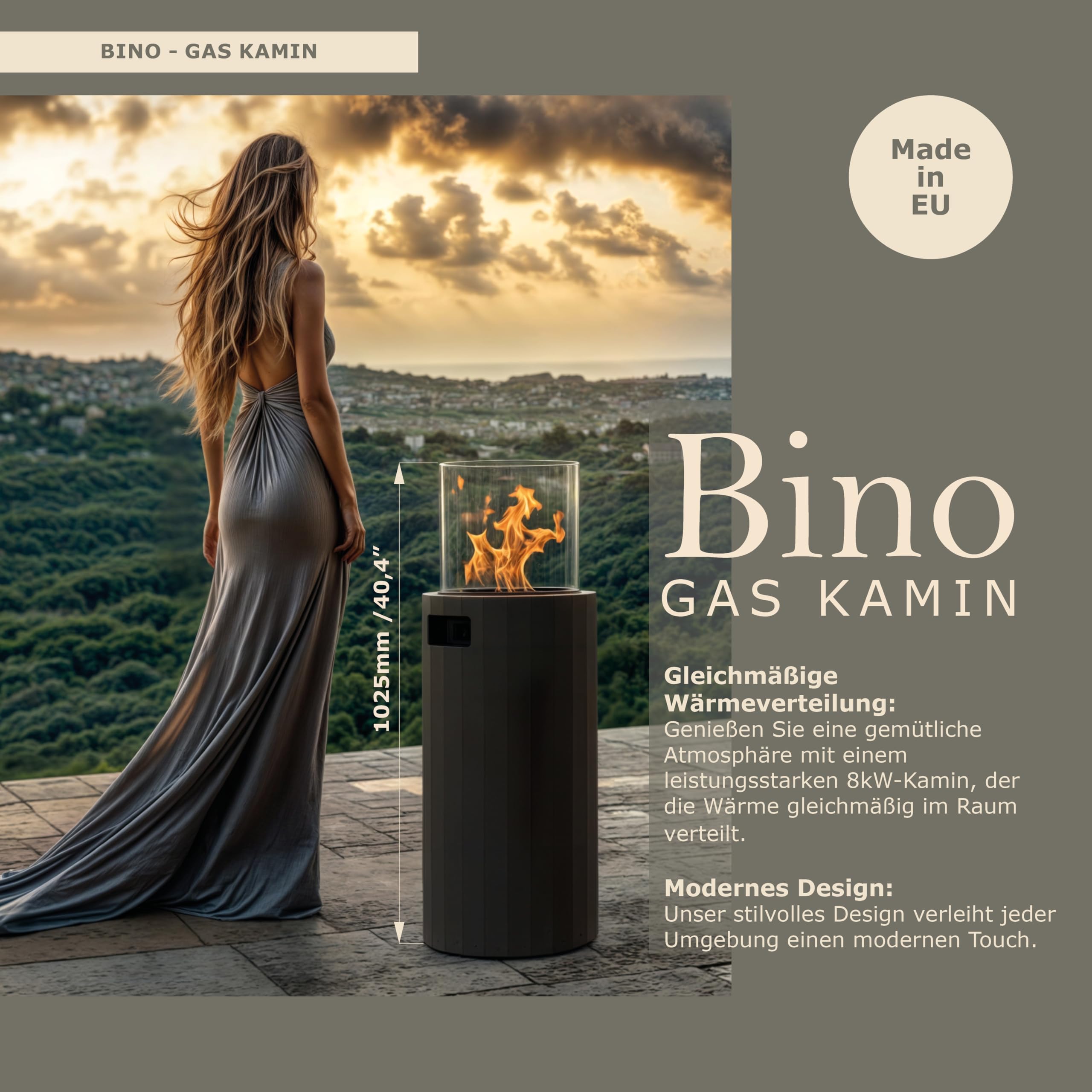 Planika BINO Outdoor-Gaskamin Tragbarer Terrassenheizer und Freistehender, Propan Heizpilz für Ihren Garten und Terrasse mit Schutzabdeckung