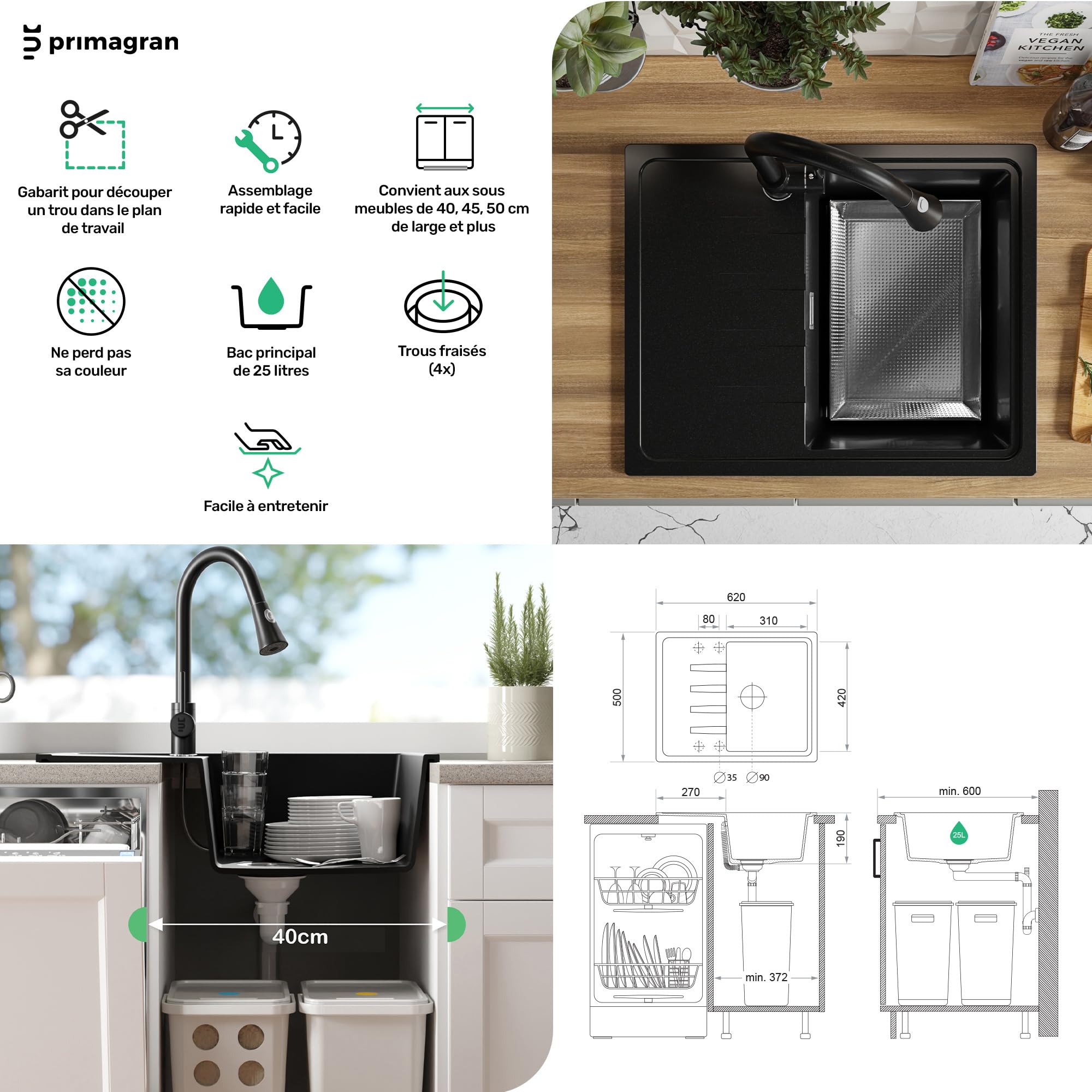 PRIMAGRAN Evier Cuisine en Granit Noir 62x50cm, Lavabo 1 bac + Kit de Vidage, Évier à Encastrer au Meuble 40cm - Milan S045