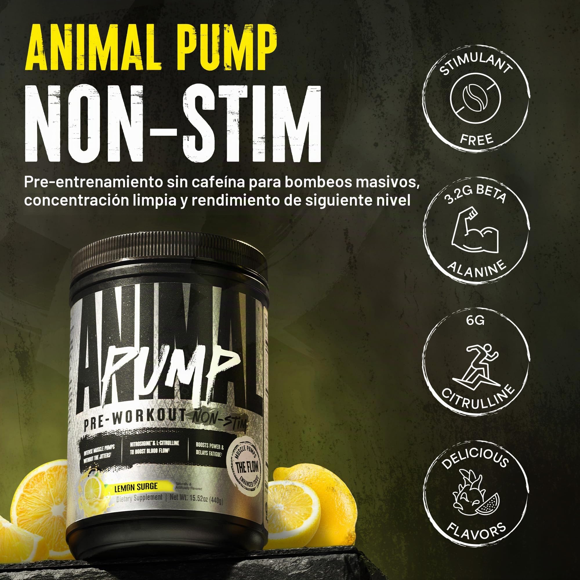 ANIMAL Pump Non-Stim Pre Workout Powder- preentrenamiento sin cafeína para energía, concentración y desarrollo muscular, beta alanina, citrulina, nitrosigina y nootrópicos, Lemon Surge, 442 g