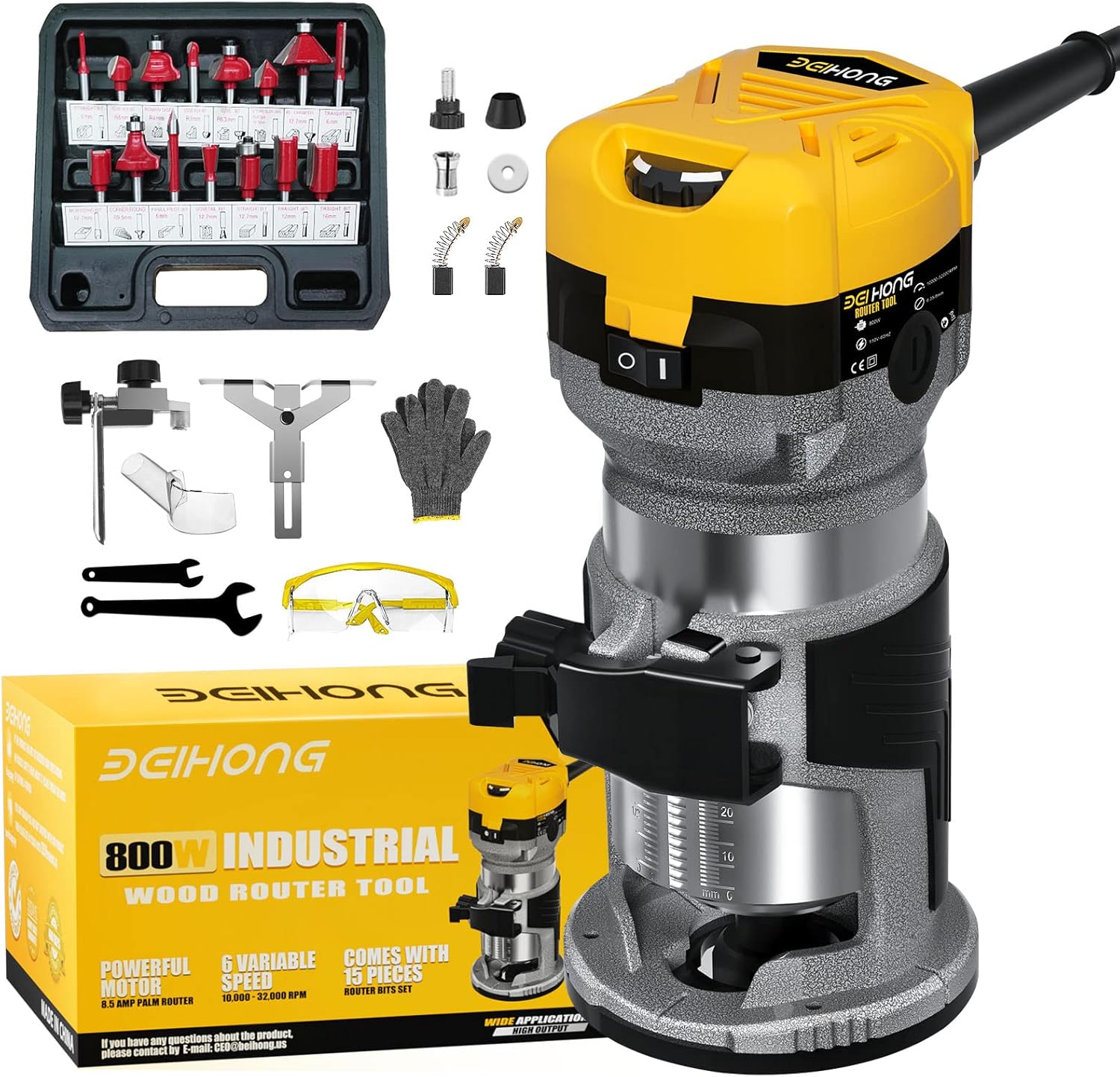 BEI & HONG Router Tool, 8.5Amp Palm Router with 6 Variable Speed