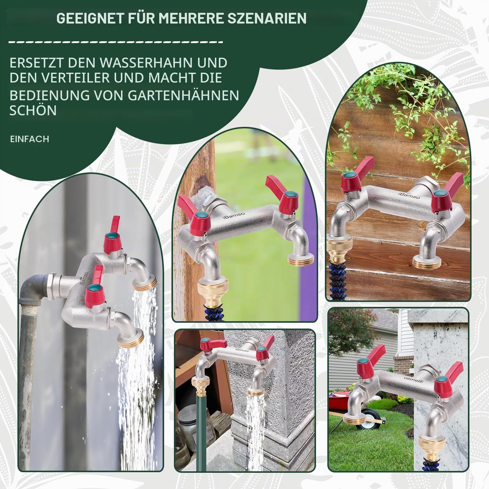 Messing 1/2 Zoll Doppelhahn & Splitter, 1/2 Zoll Einlass & zwei 3/4 Zoll Ausgänge, Kugelhahnhahn, 2-Wege-Wasserhahnanschluss