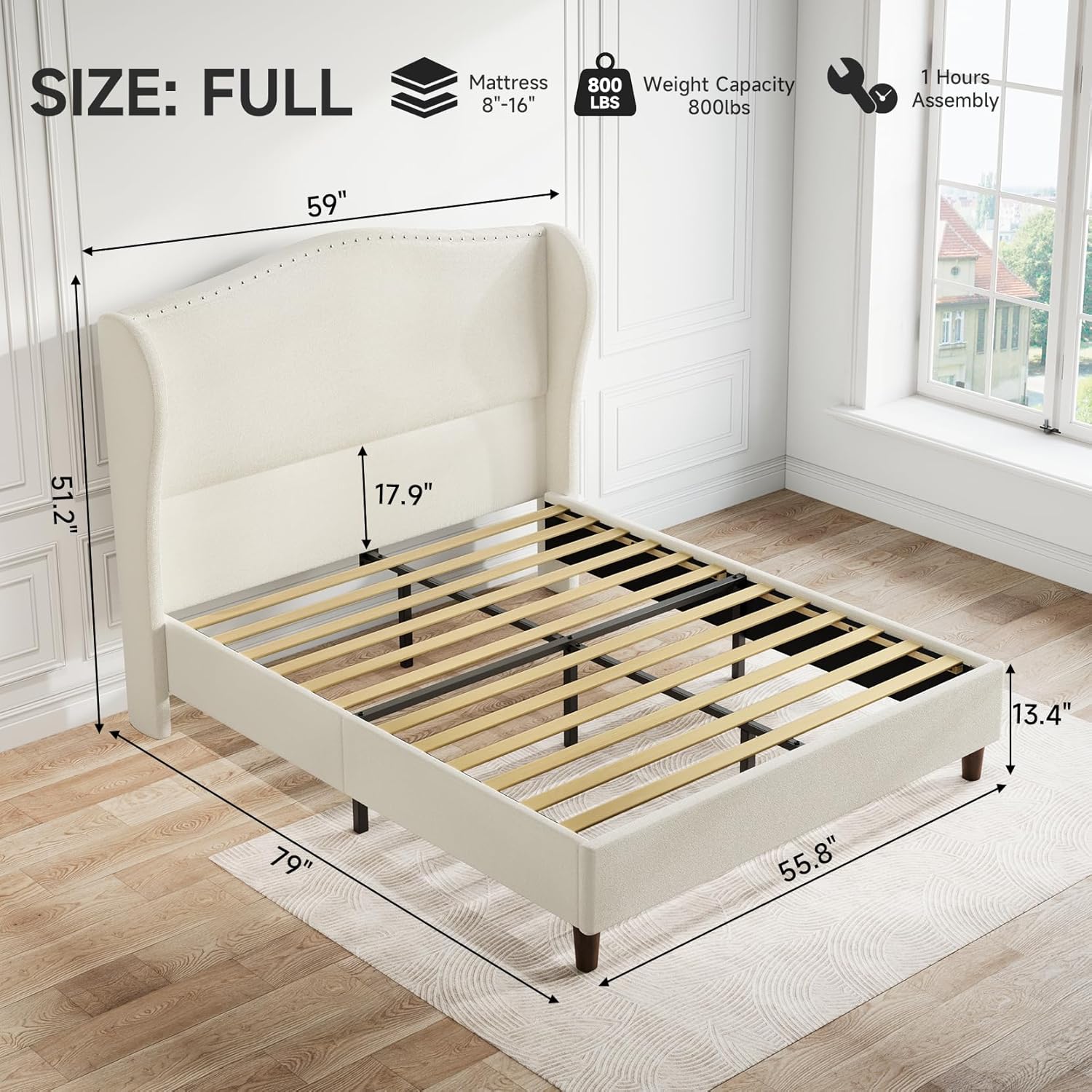 Yaak Full Size Chenille Bed Frame with 52" Tall Headboard, Upholstered Platform Bed with Nailhead Trim Headboard Wingback, No Box Spring Needed, Wood Slats Support, Easy Assembly, Beige