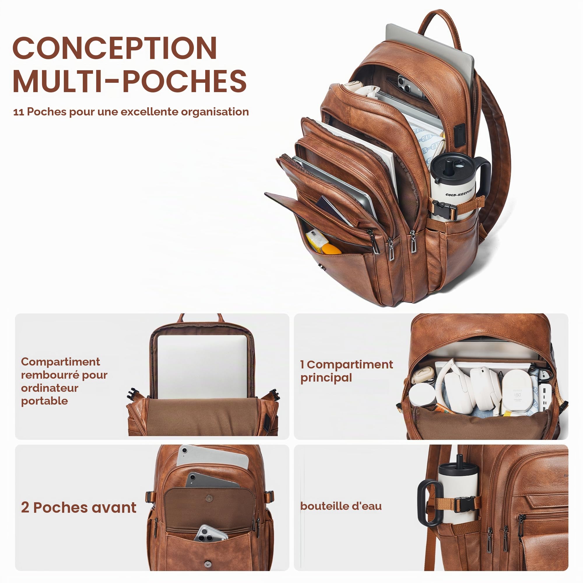 Sac à Dos en Cuir Végan Homme et Femme, Compatible avec Ordinateur 17 Pouces, Bagage Cabine avec Port USB et Sangle Valise, Design Élégant, Brown