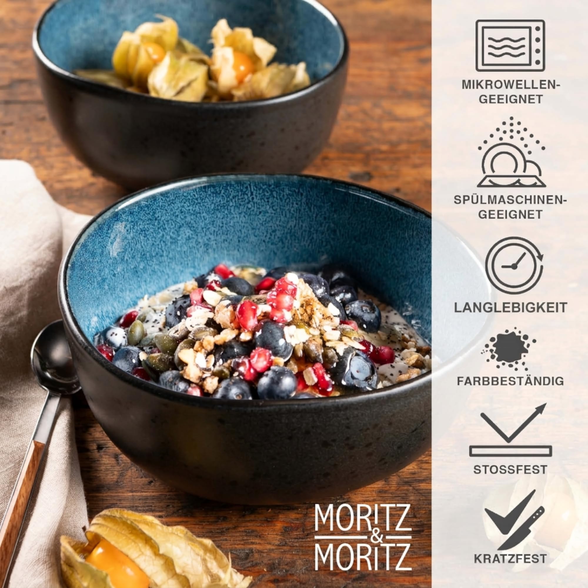 Moritz & Moritz ORGANIC Müslischalen Set 6-teilig Blau, Steingut Bowls im modernen Design, ca. 500 ml Füllmenge, einzigartiger Farbverlauf, robust und spülmaschinengeeignet