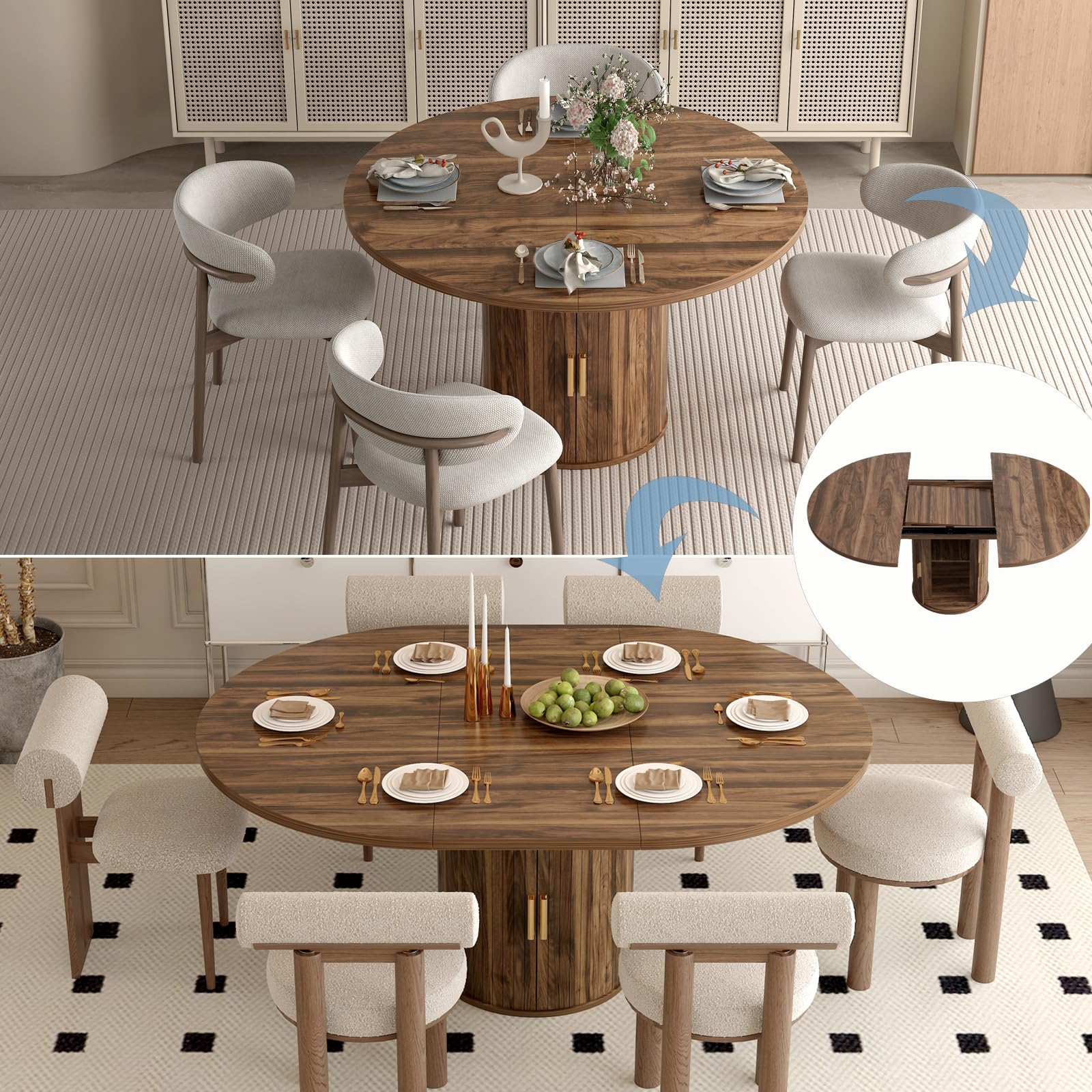 Runder Esstisch Ausziehbar,Holz Küchentisch für 4–6 Personen | Moderner Esszimmertisch mit zylindrischem Sockel,Walnussbraun (nur Tisch)