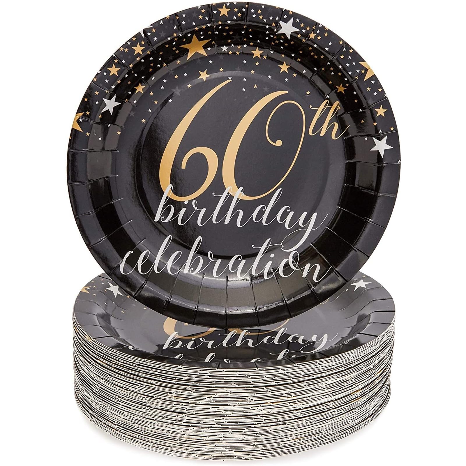 Blue Panda 60th Birthday Party Paper Plates - Chic Black & Gold Design for 60th Birthday Party Decoration - Durable & Disposable Plate Pack for Easy