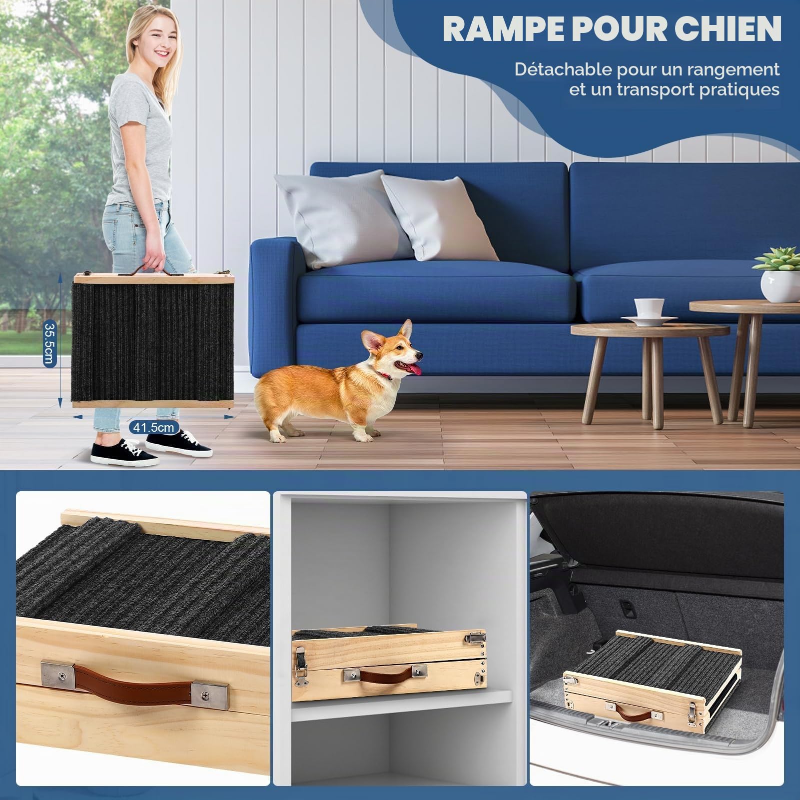 Rampe Pliable en Bois pour Chien réglable Hauteur 25-52 cm Longueur 83 cm Largeur 35 cm Antidérapante jusqu'à 15 kg