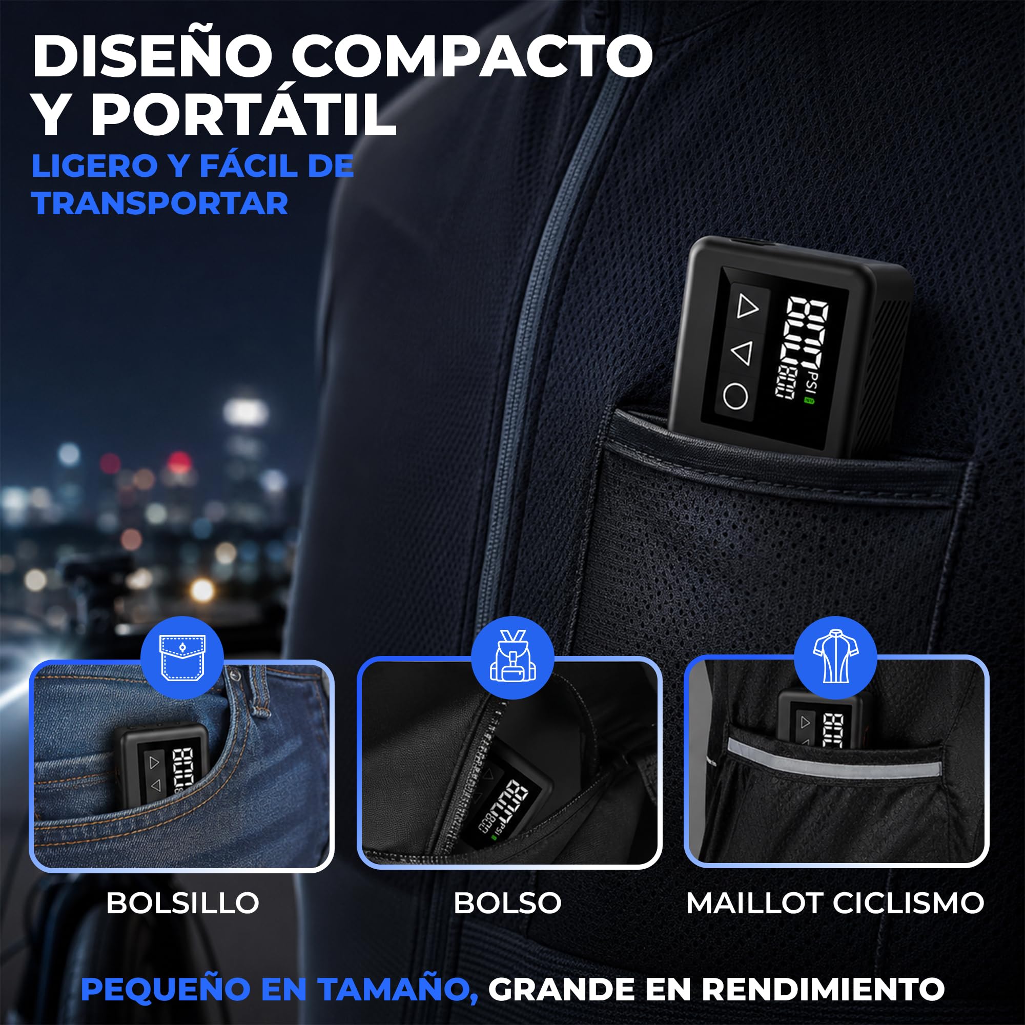 Inflador Eléctrico Bicicleta 120 PSI, Bomba de Bicicleta Portátil Recargable con Luz LED y Pantalla Digital, Hinchador Eléctrico Compacto Compatible Presta y Schrader, Inflado Rápido MTB y Carretera