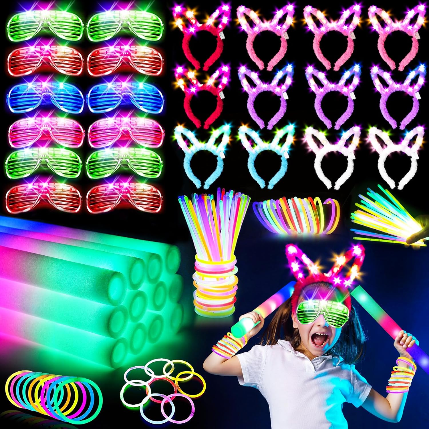 236 PCS Glow in the Dark Party Supplies, Halloween Party Favors, 16" Foam Glow Sticks, LED Glasses, Bunny Ear Headband and 100PCS Glow Sticks for Neon Party for Kids or Adults