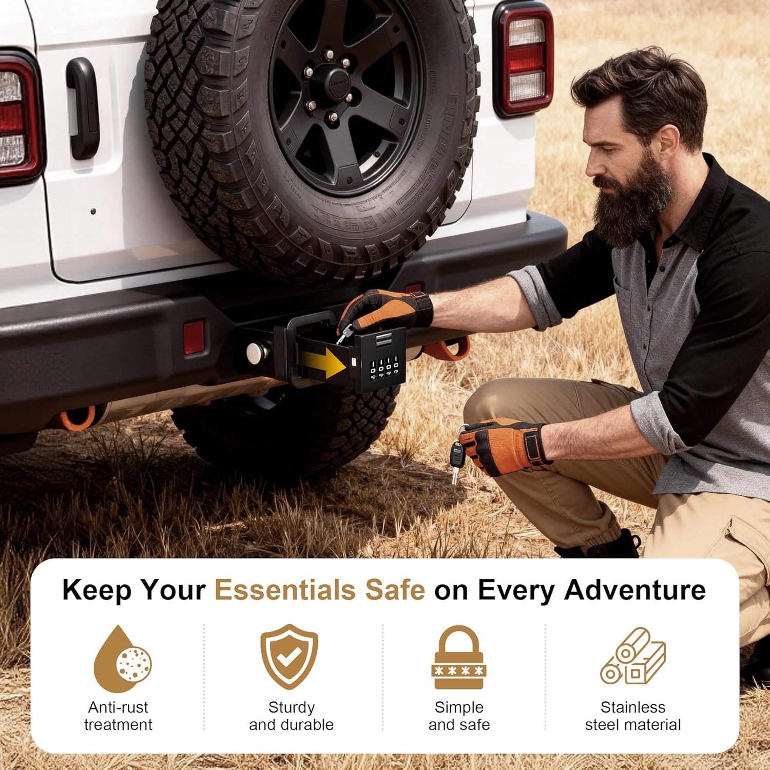 Hitch Receiver Safe Key Lock Box for 2-Inch Trailer Hitches - Heavy-Duty Metal Hidden Storage Vault with 4-Digit Combination & Weather Cover - Secure Car Fob Storage for Surfing, Camping & Trucks