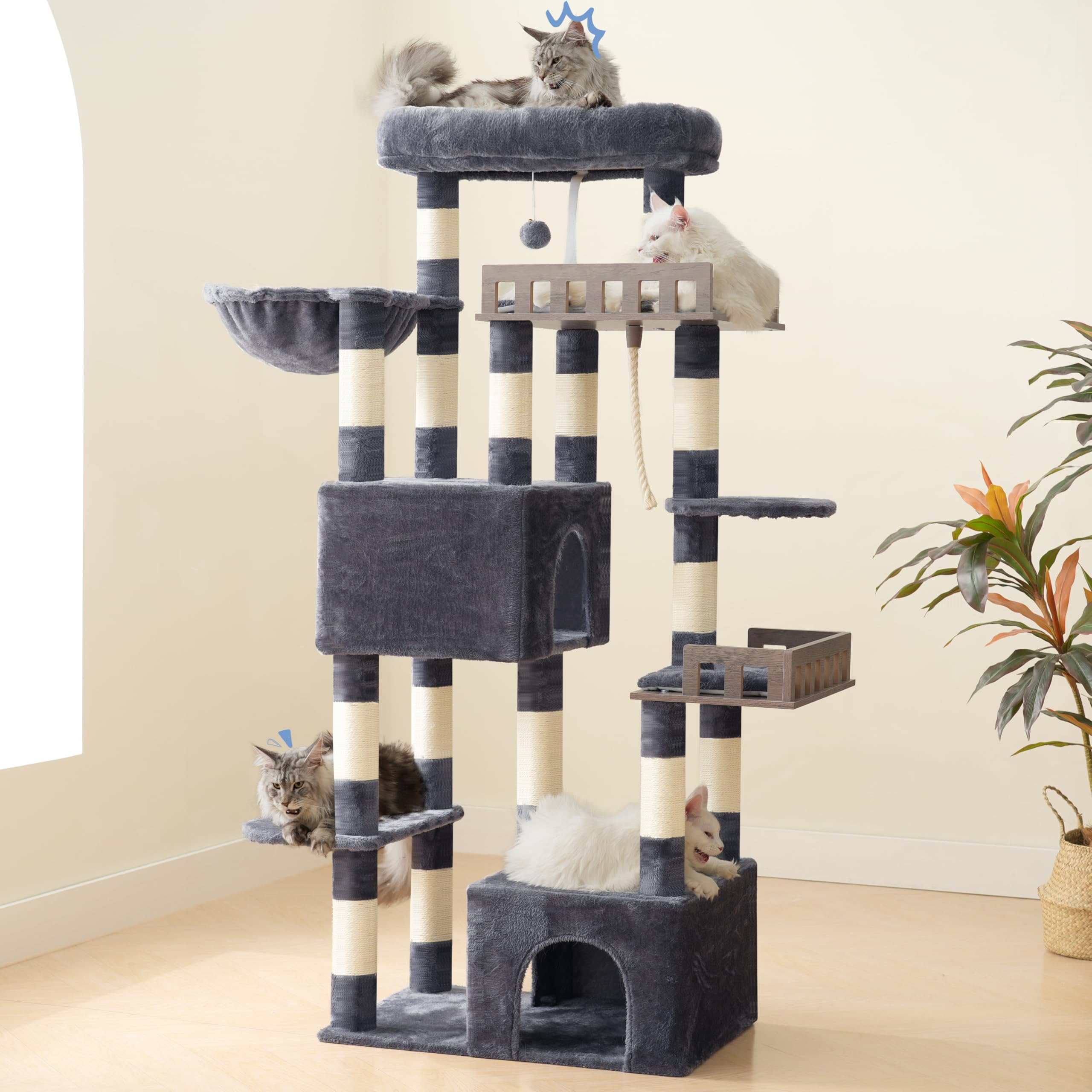Gitelsnour rascador para Gatos Grandes, árbol para Gatos de 174 cm de Altura, con 2 Plataformas Colgantes Grandes, 2 Casitas para Gatos de Interior, 15 rascadores, Gris Ahumado GCT033G